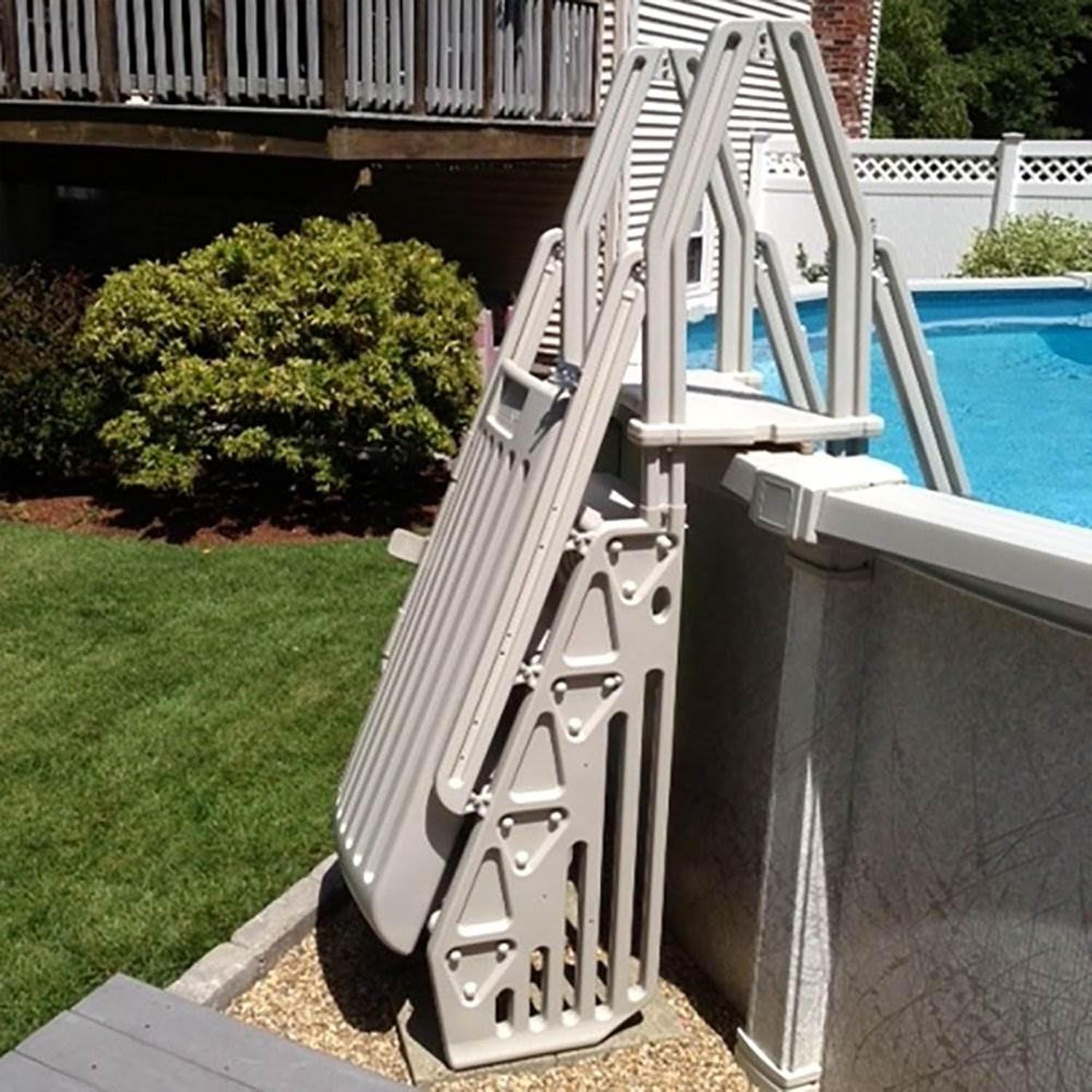 Vinyl Works 24 Inch Double Pool Step Ladder with Gate, Adjustable Stair Entry System with Handrails for Above Ground Swimming Pools, Taupe