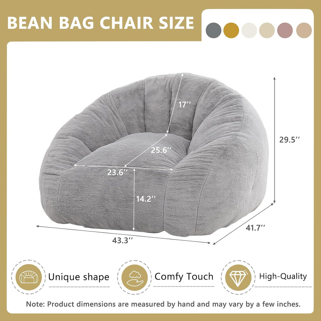 Bean Bag Chair for Adults, Soft Faux Fur Giant Beanbag Chairs, Oversized Cozy Bean Bag Couch Large Reading Chair, Comfy Bean Bag Sofa for Living Room, Bedroom & Dorm, Gray