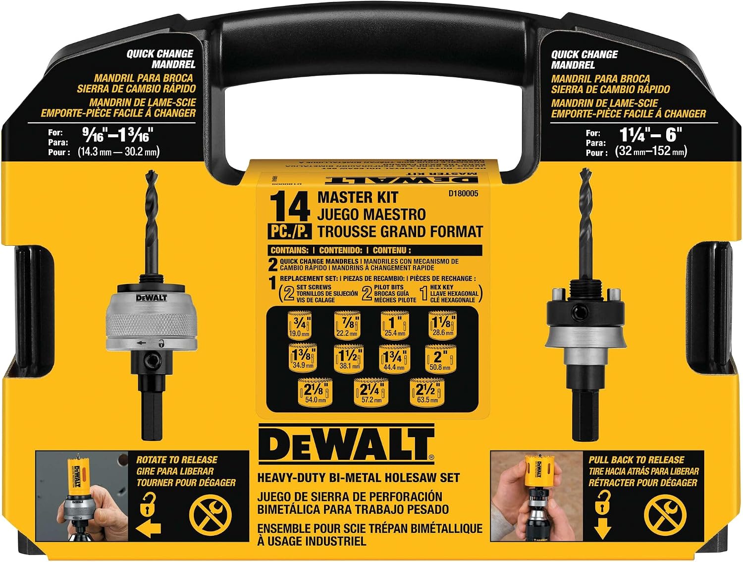 DEWALT Hole Saw Kit, 14-Piece, Includes 2 Quick Change Mandrels and Pilot Point Bits (D180005)