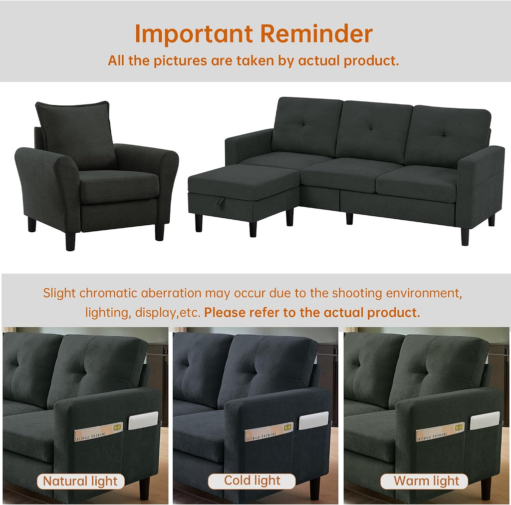 3 Piece Living Room Sofa Sets, Modern 3 Seater Sofa with Storage Ottoman and 2 PSC Armchair Couch Sets, Easy Assembly, Modern 5 Seat Sectional Couches for Living Room, Office,Black