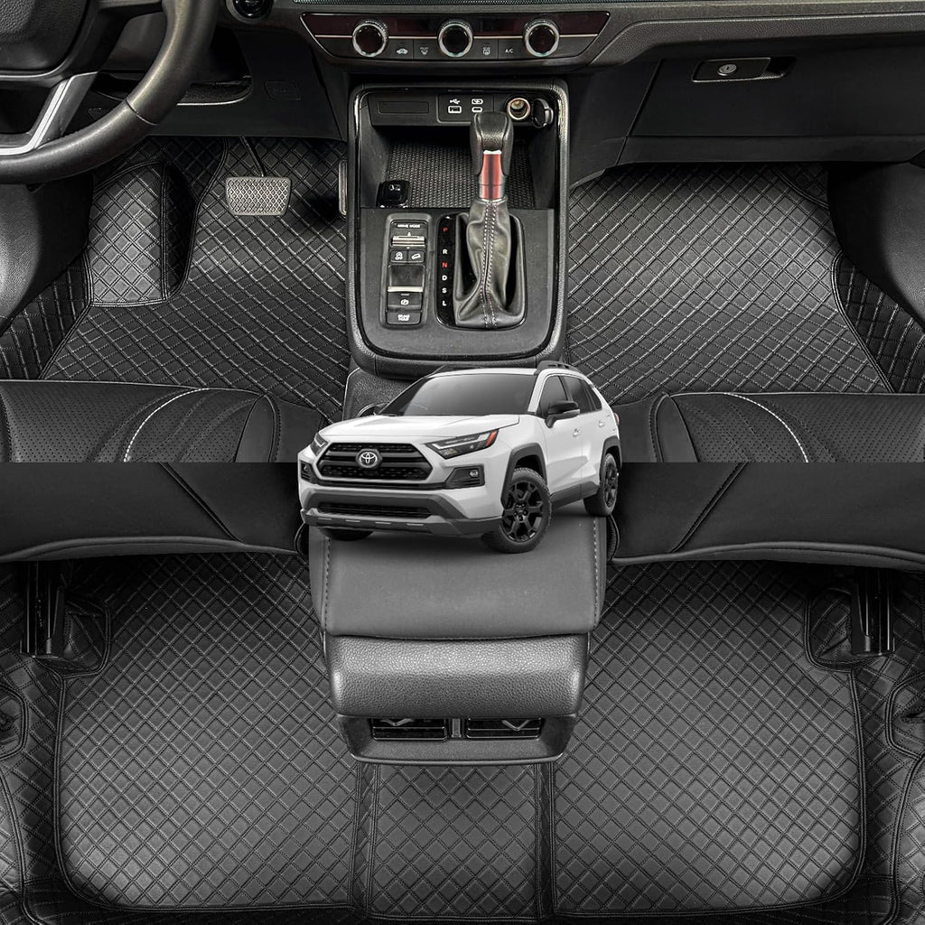 EKR Custom Floor Mats for Toyota RAV4 (Hybrid only) 2019-2025, Front & 2nd Row Luxury Car Floor Mat Fit RAV4 2019 2020 2021 2022 2023 2024 2025 - Leatherette (Black and Black Stitching)