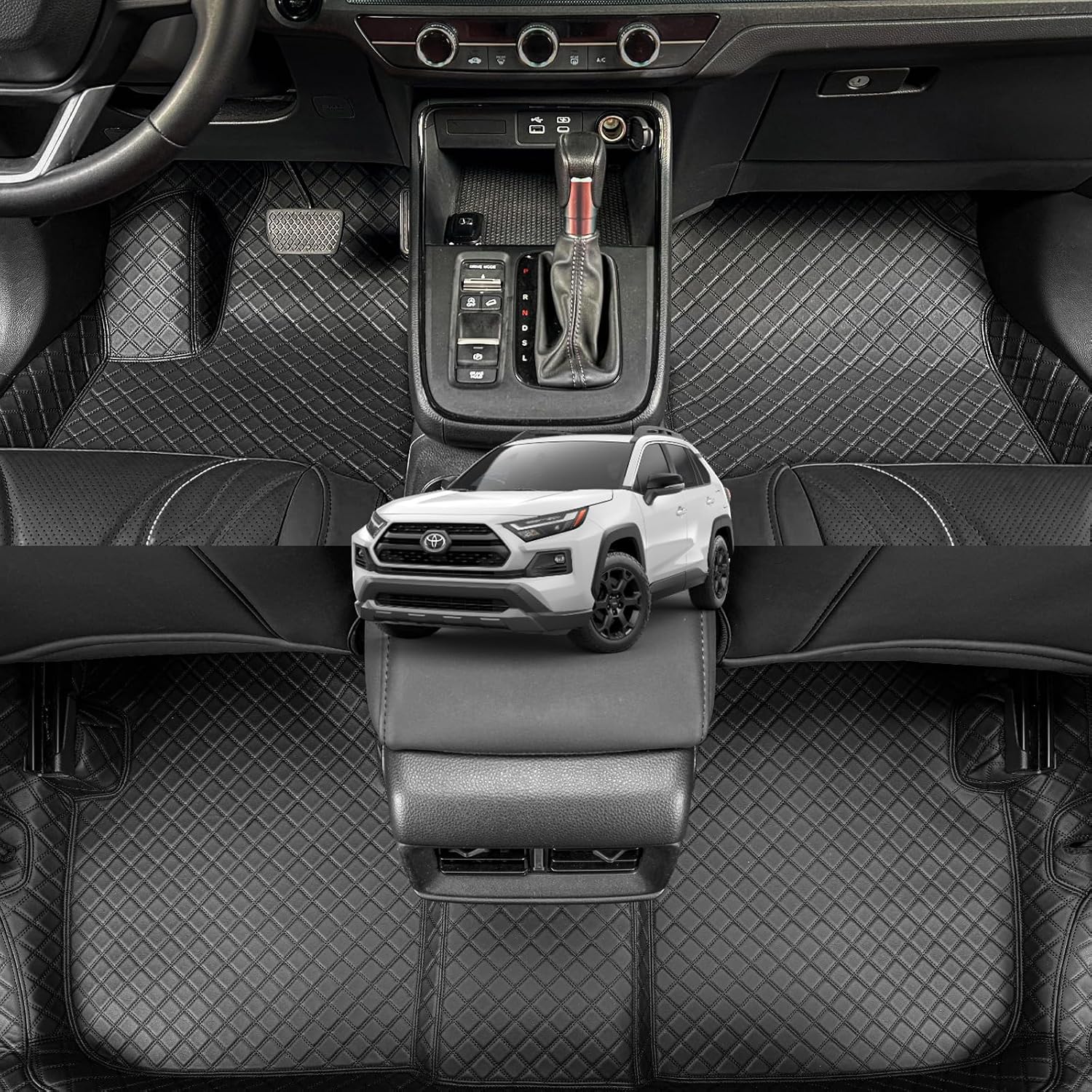 EKR Custom Floor Mats for Toyota RAV4 (Hybrid only) 2019-2025, Front & 2nd Row Luxury Car Floor Mat Fit RAV4 2019 2020 2021 2022 2023 2024 2025 - Leatherette (Black and Black Stitching)
