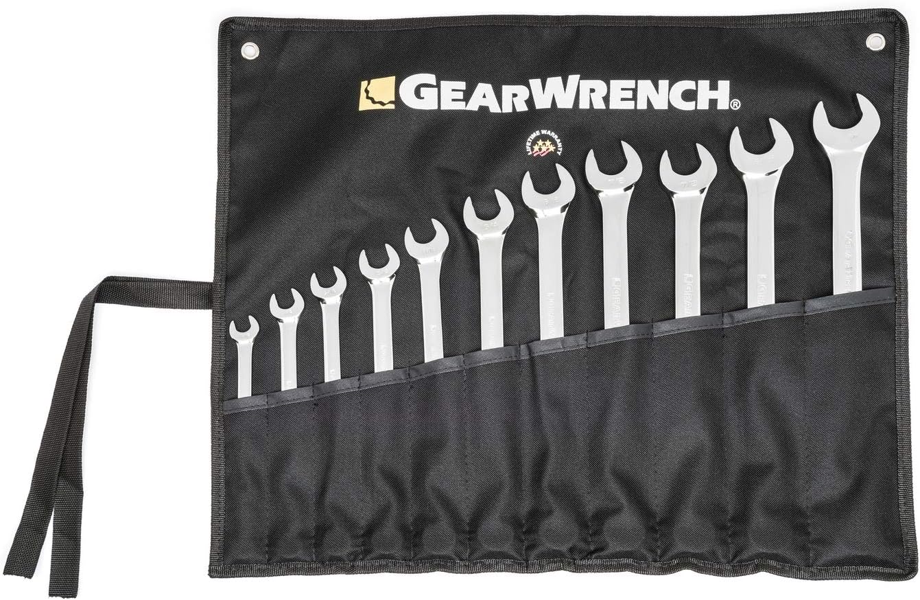 GEARWRENCH Long Pattern Combination SAE Wrench Set with Tool Roll, 11 Pc., 12 Point - 81934