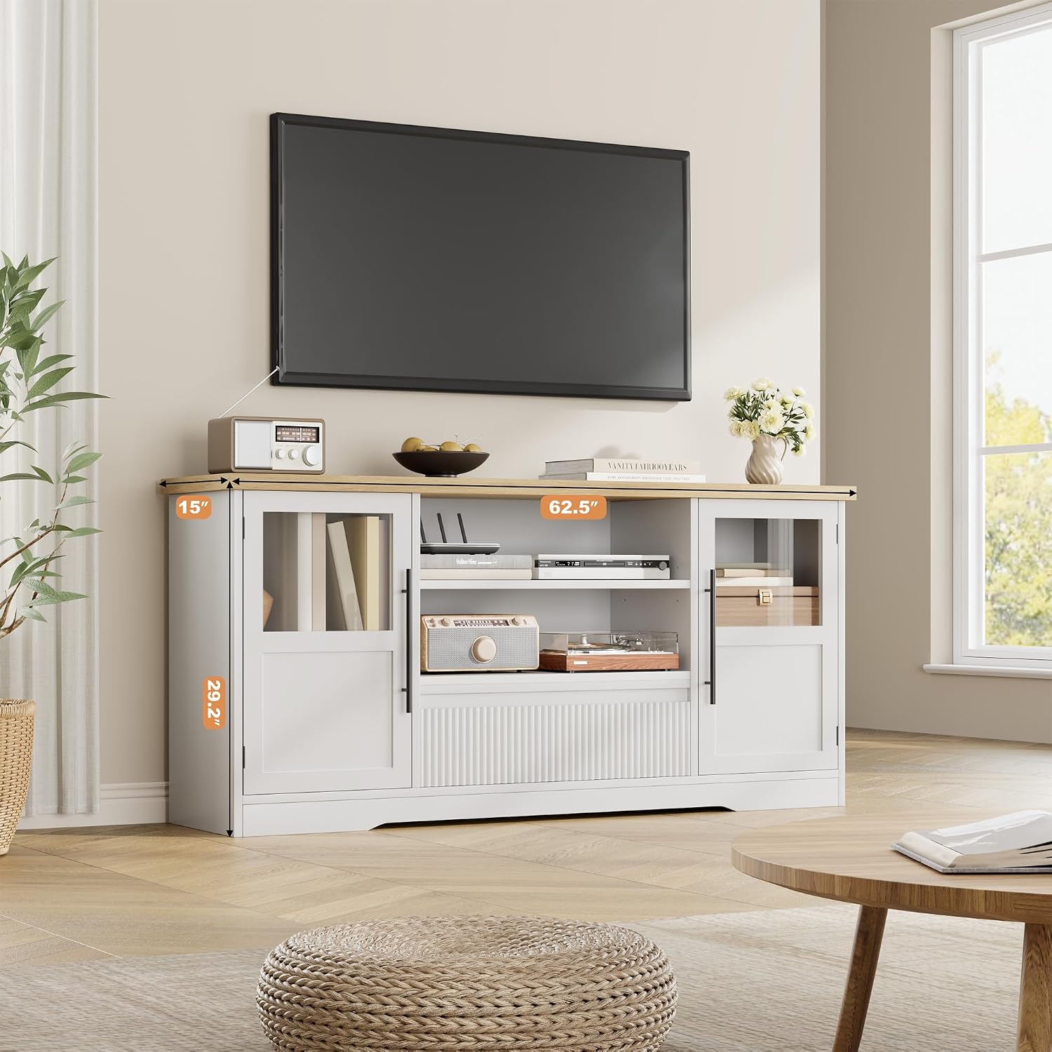 Garvee 63 in Farmhouse TV Stand for TVs Up to 72 in, Wave Pattern Entertainment Center with 2 Glass Door Cabinets & 2 Open Shelves, Sturdy Wood Media Console for Living Room, White & Natural