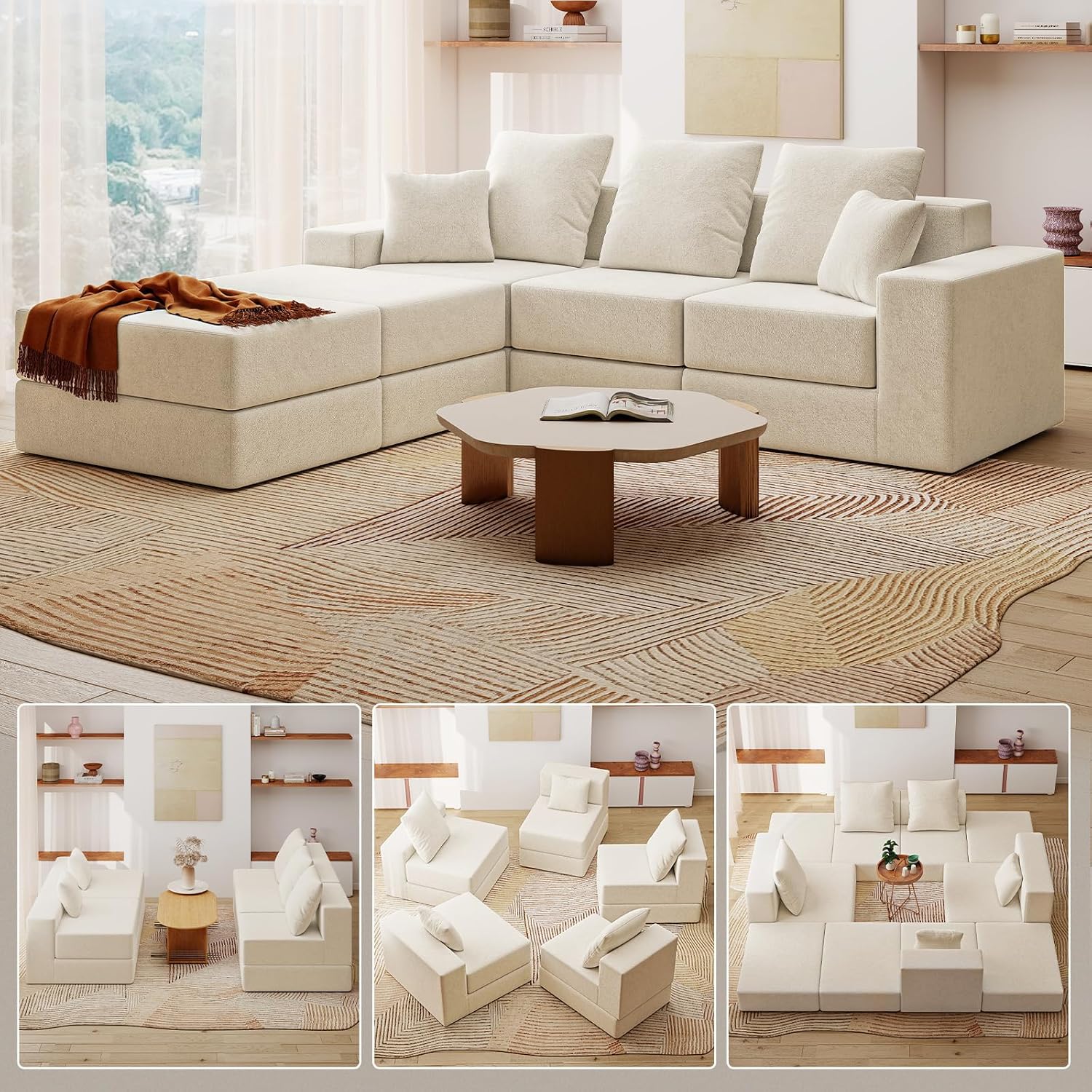 Living&Giving 101' U-Shaped Cloud Sectional Couch for Living Room, Cloud Boneless Couch-No Assembly with Reversible Chaise, Customizable 3-Seat Modular Sectional Sofa with 2 Ottoman, Beige