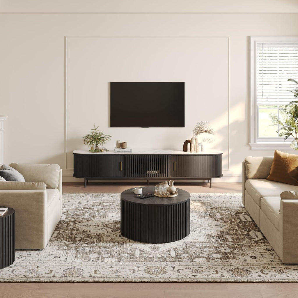 POVISON Fully-Assembled Sliding Tambour Door TV Stand, Mid Century Modern Sintered Stone TV Console, Wood Media Console for 85 Inch TV, Entertainment Center with Storage Cabinet(Black, 94.49')