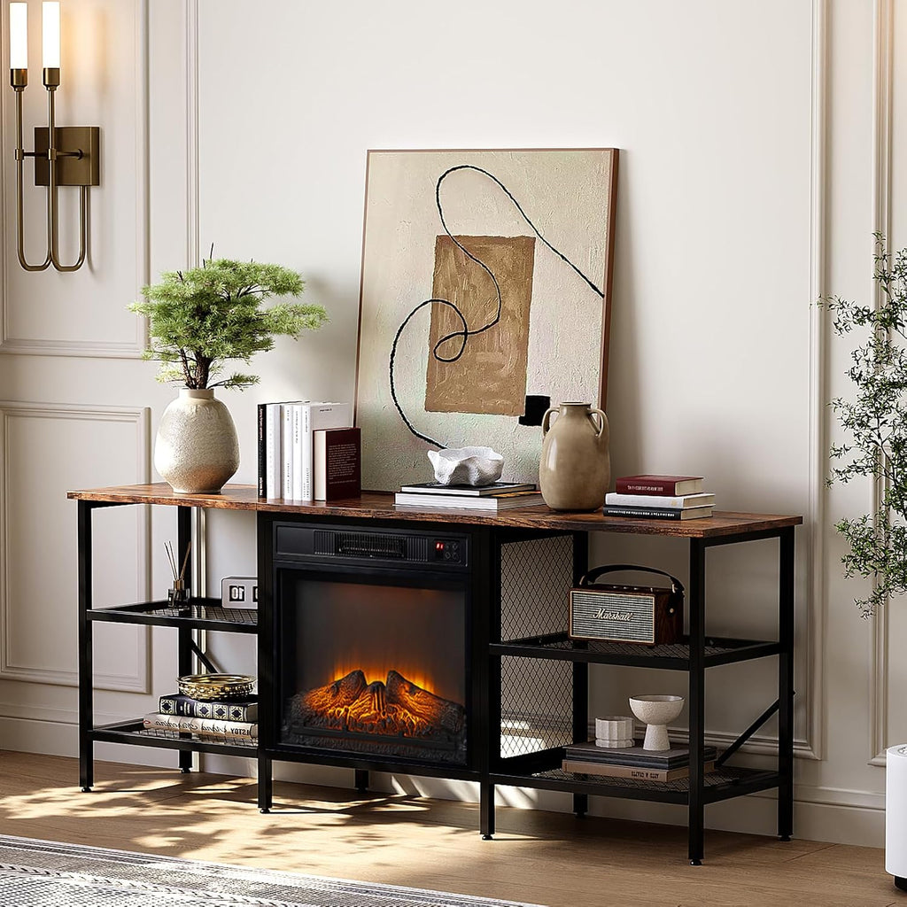 Bonnlo Industrial Fireplace TV Stand, 58' Entertainment Center with 18' Electric Fireplace Heater, TV Console with Open Metal Mesh Frame & Shelves up for 70 Inch TVs, Rustic Brown