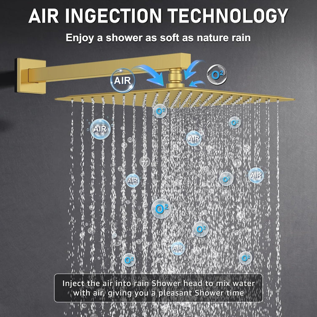 Iriber Brushed Gold Rain Shower System with 12 Inch Shower Head and Handheld shower Bathroom Wall Mounted Golden Shower Set Contain Shower Faucet Mixer Valve and Trim Kit (Valve Cartridge Included)