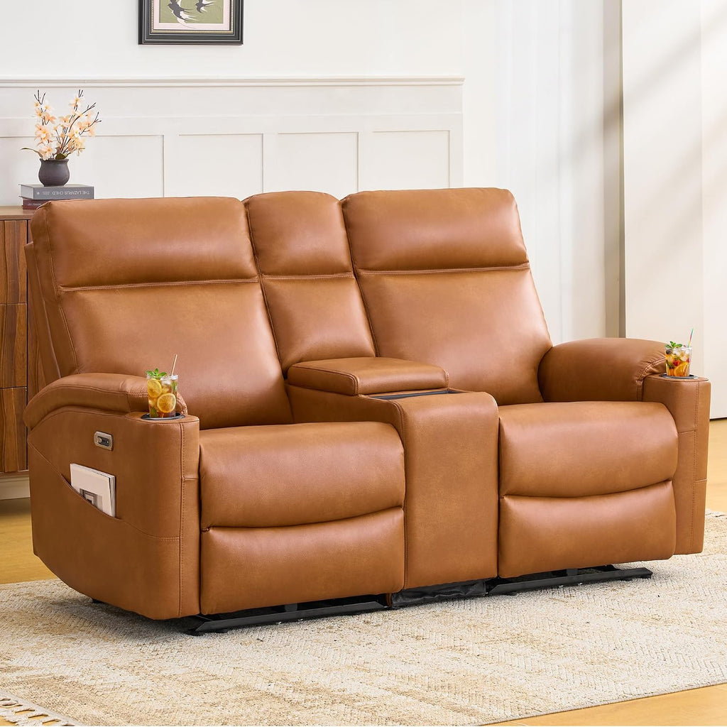 Power Recliner Loveseat, Electric Reclining Sofa with Wireless Charger, Wall Hugger Loveseat Recliner with Extended Footrest, 2-Seater Couch for Living Room, RV & Office (Brown)