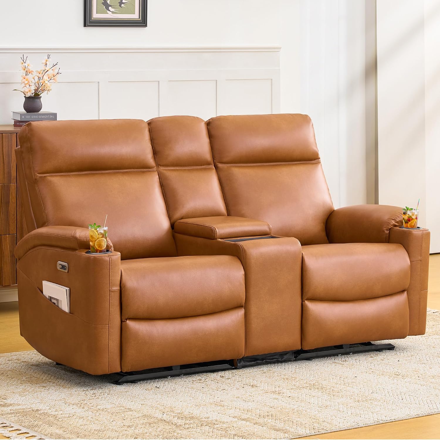 Power Recliner Loveseat, Electric Reclining Sofa with Wireless Charger, Wall Hugger Loveseat Recliner with Extended Footrest, 2-Seater Couch for Living Room, RV & Office (Brown)