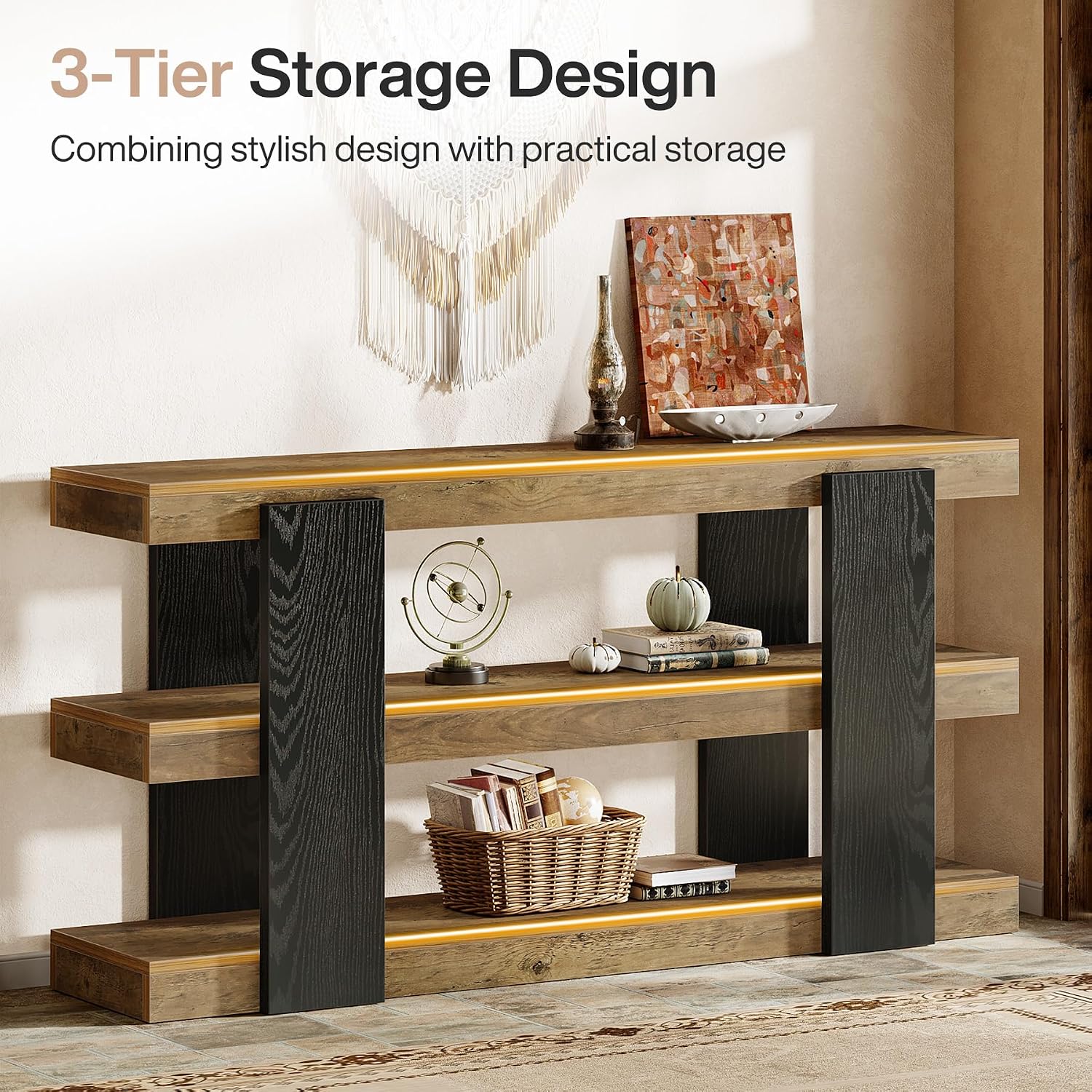 Tribesigns 63-Inch Long Console Table, 3-Tier Entryway Table with Storage, Farmhouse Wood Behind Couch Tables for Entryway, Living Room, Hallway, Rustic Brown & Black