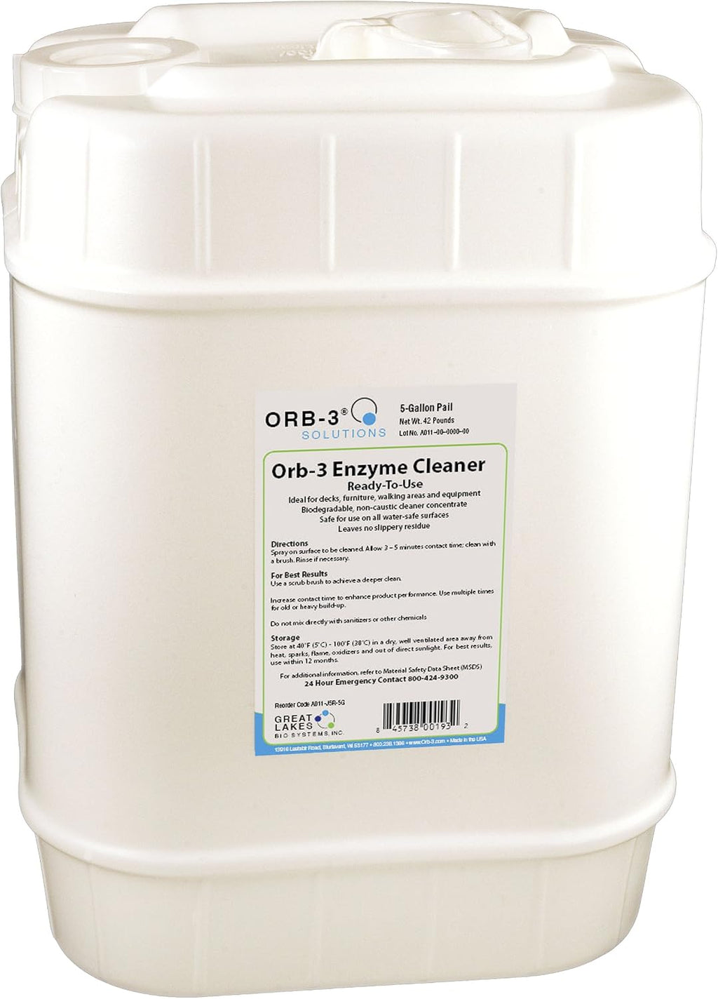 Orb-3 A011-J5R-5G Enzyme Ready to Use Cleaner for Pools, 5-Gallon Pail