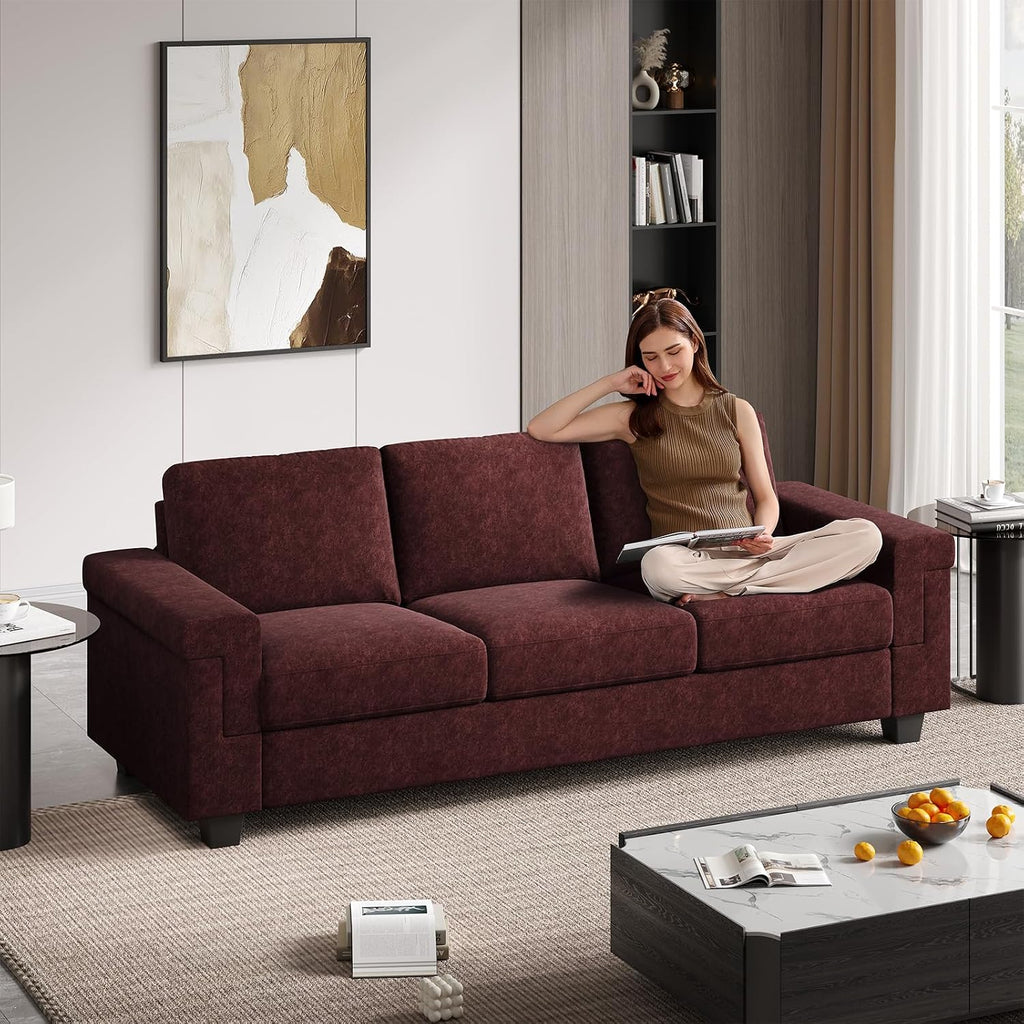COPIAE 3 Seater Sofa Couch with Deep Seat, 90' Modern Upholstered Sofa with Armrests, Easy Installation, Comfy Couches for Living Room, Apartment, Burgundy