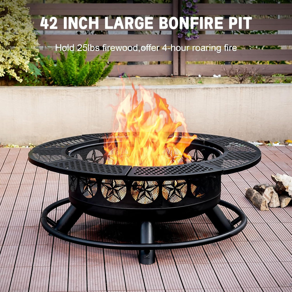 Verdeluxe 42 Inch BBQ Fire Pit with 2 Grills,3-in-1 Outdoor Round Metal Fire Pit Table with Lid,Fire Poker,Large Outdoor Wood Burning Firepits for Outside,Picnic,Bonfire Backyard Patio(Black)