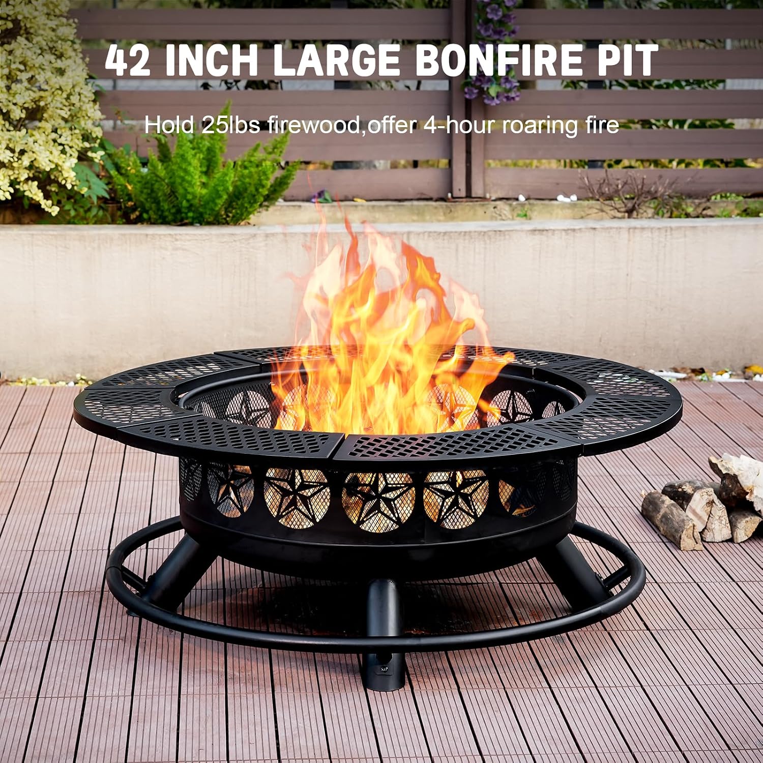 Verdeluxe 42 Inch BBQ Fire Pit with 2 Grills,3-in-1 Outdoor Round Metal Fire Pit Table with Lid,Fire Poker,Large Outdoor Wood Burning Firepits for Outside,Picnic,Bonfire Backyard Patio(Black)