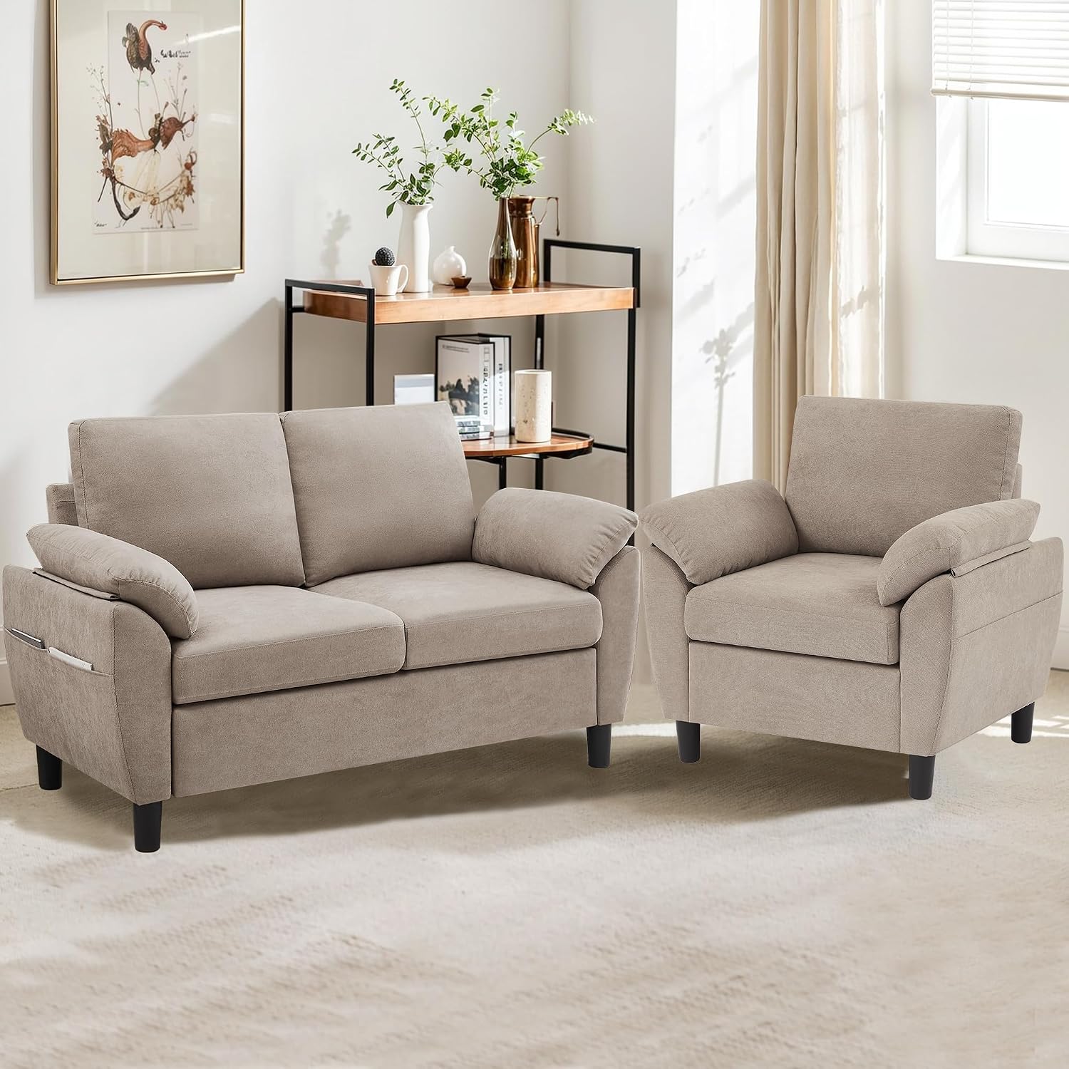 2 Pieces Sectional Sofa Set, 57' Loveseat and 35' Accent Chair, Linen Upholstered Armchair and 2-Seat Loveseat Sofa Set, Couches for Living Room, Apartment, Beige