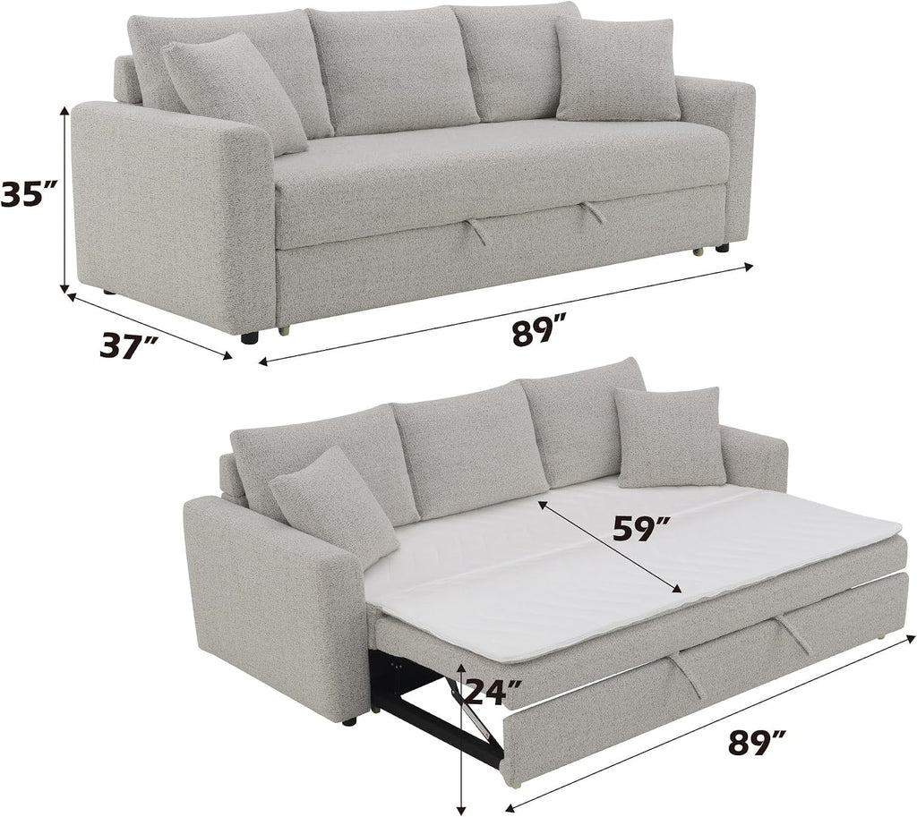 Acme Connie Fabric Upholstered Sofa with Sleeper and 2 Pillows in Beige