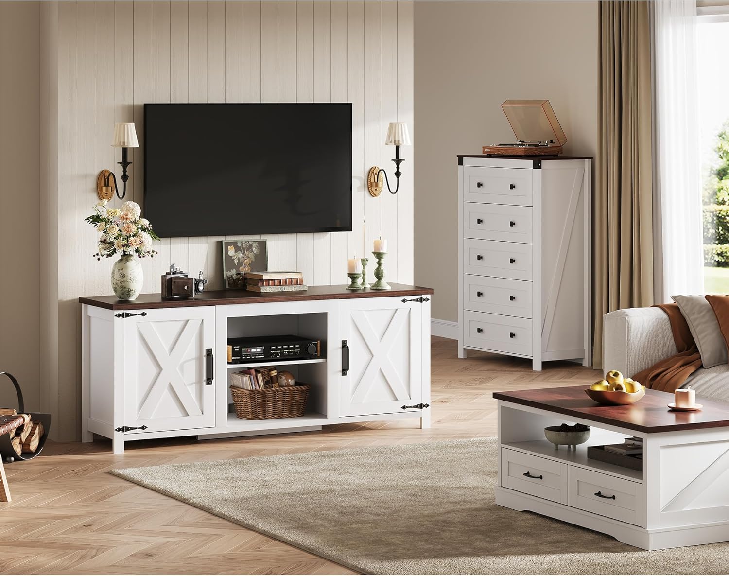 WLIVE Modern Farmhouse TV Stand for TVs up to 65', Entertainment Center with X-Shaped Barn Doors, Large Storage Media TV Console with Adjustable Shelves & Cable Holes for Living Room, White
