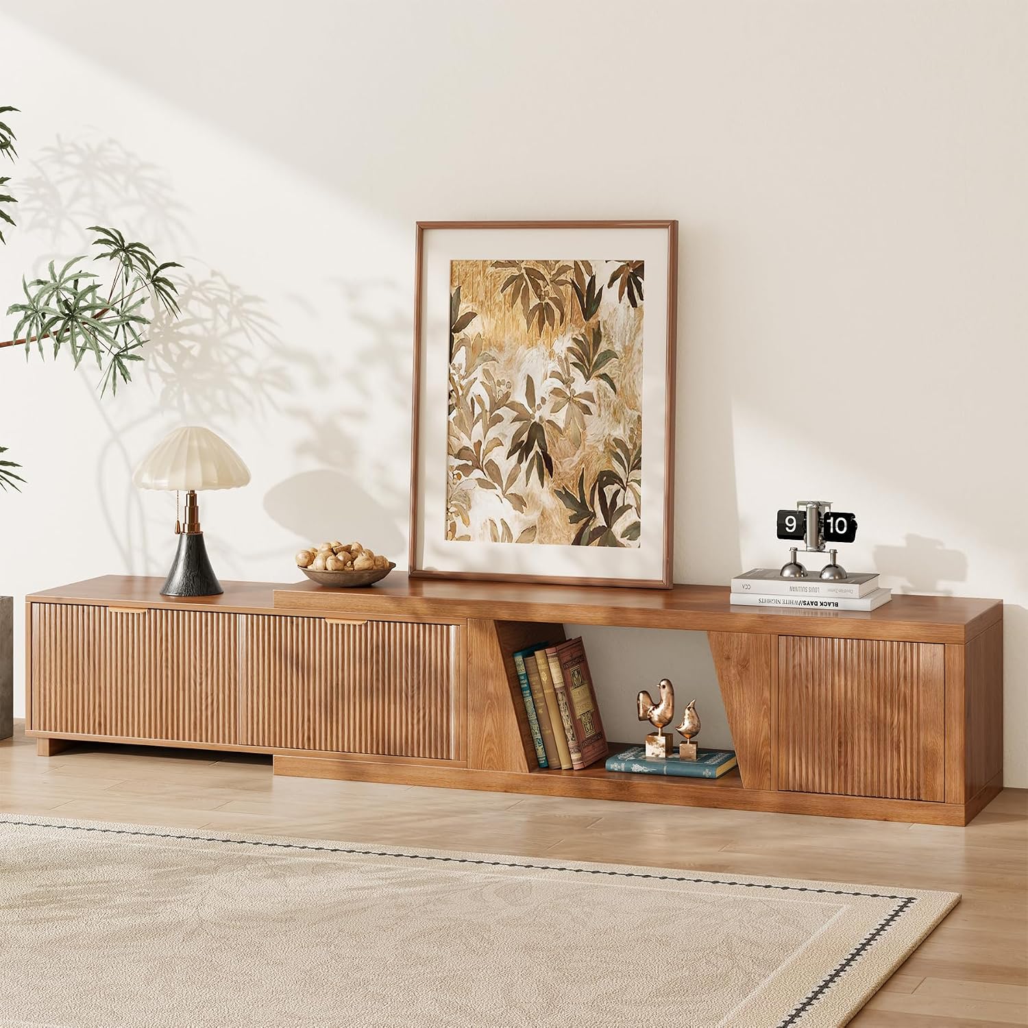 Epecoya 98 Inch Extendable TV Stands for Living Room, Wooden Extra Long TV Stand with Adjustable Shelf and Drawers, Fluted TV Console with Storage Cabinet, Warm Brown Oak (64.57' W-98.43' W)