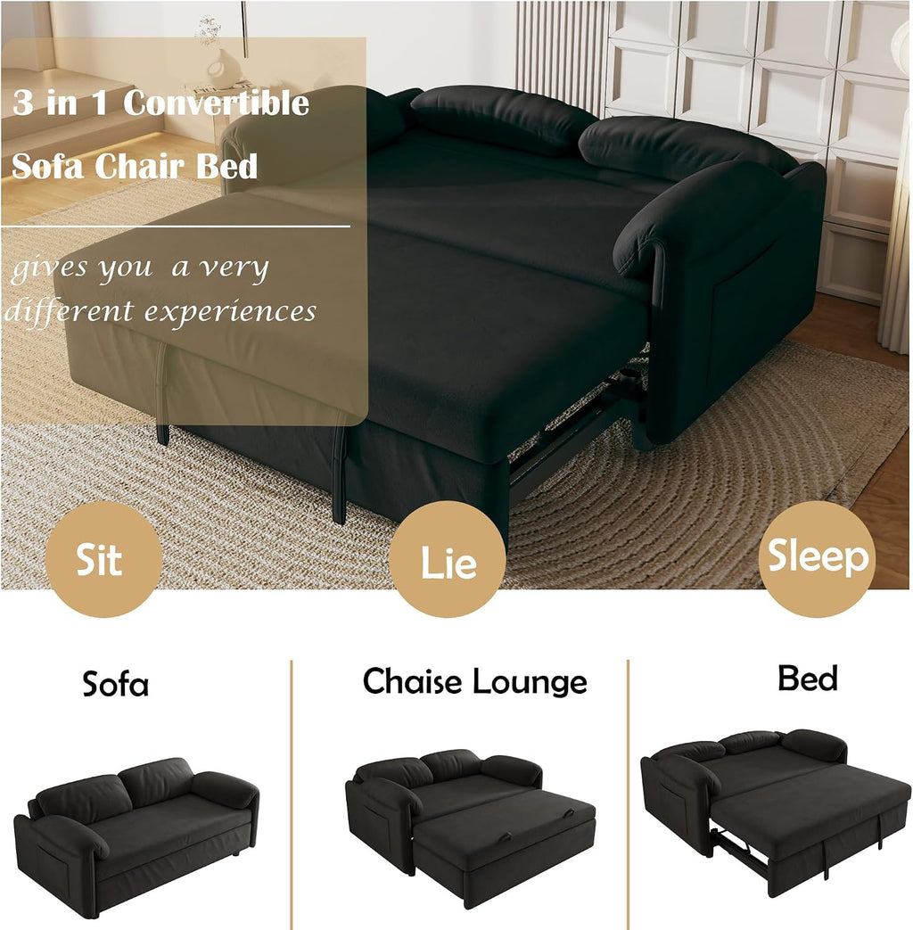 KEIKI 3 in 1 Full Velvet Convertible Pull Out Sofa Bed, Adjustable Backrest & Side Pockets, Modern Sleeper Recliner Couch for Living Room, Black