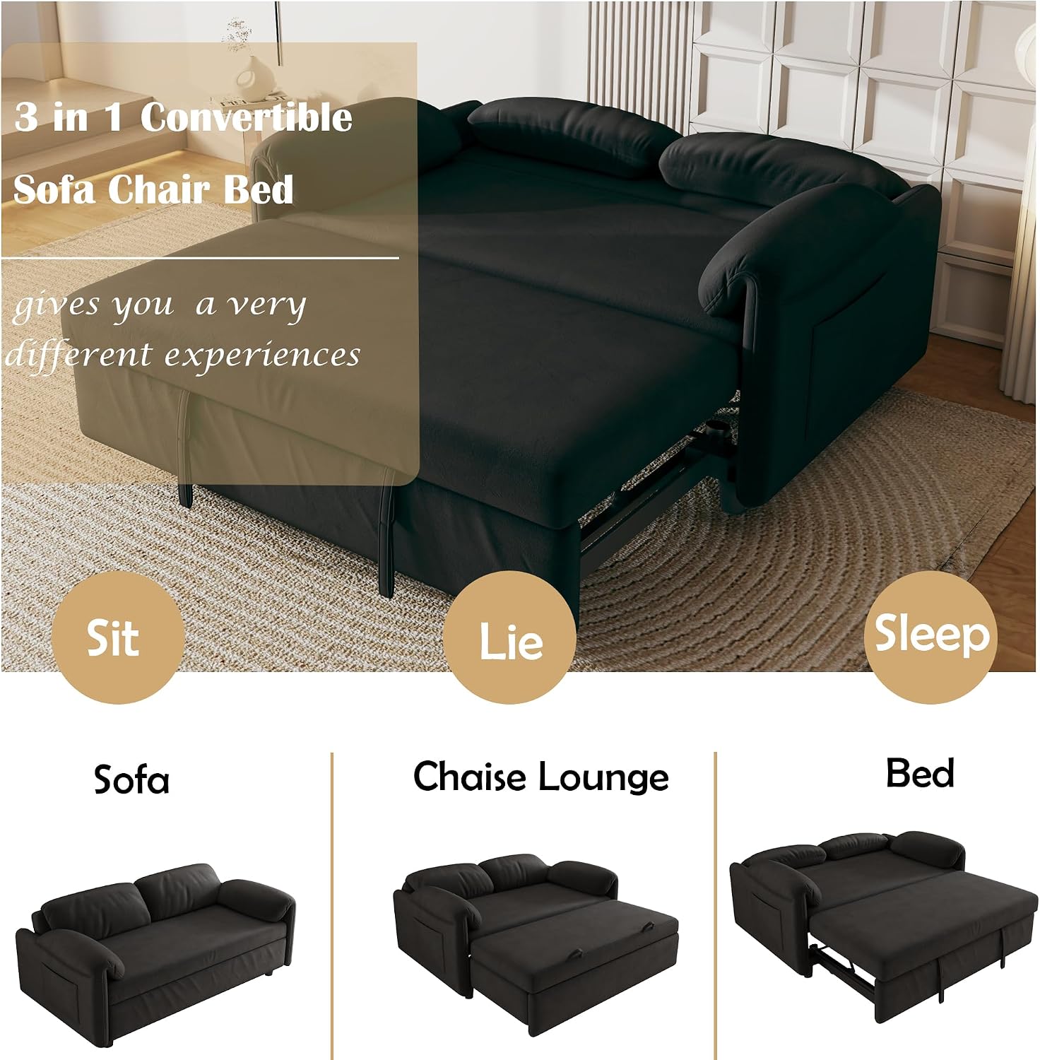 KEIKI 3 in 1 Full Velvet Convertible Pull Out Sofa Bed, Adjustable Backrest & Side Pockets, Modern Sleeper Recliner Couch for Living Room, Black