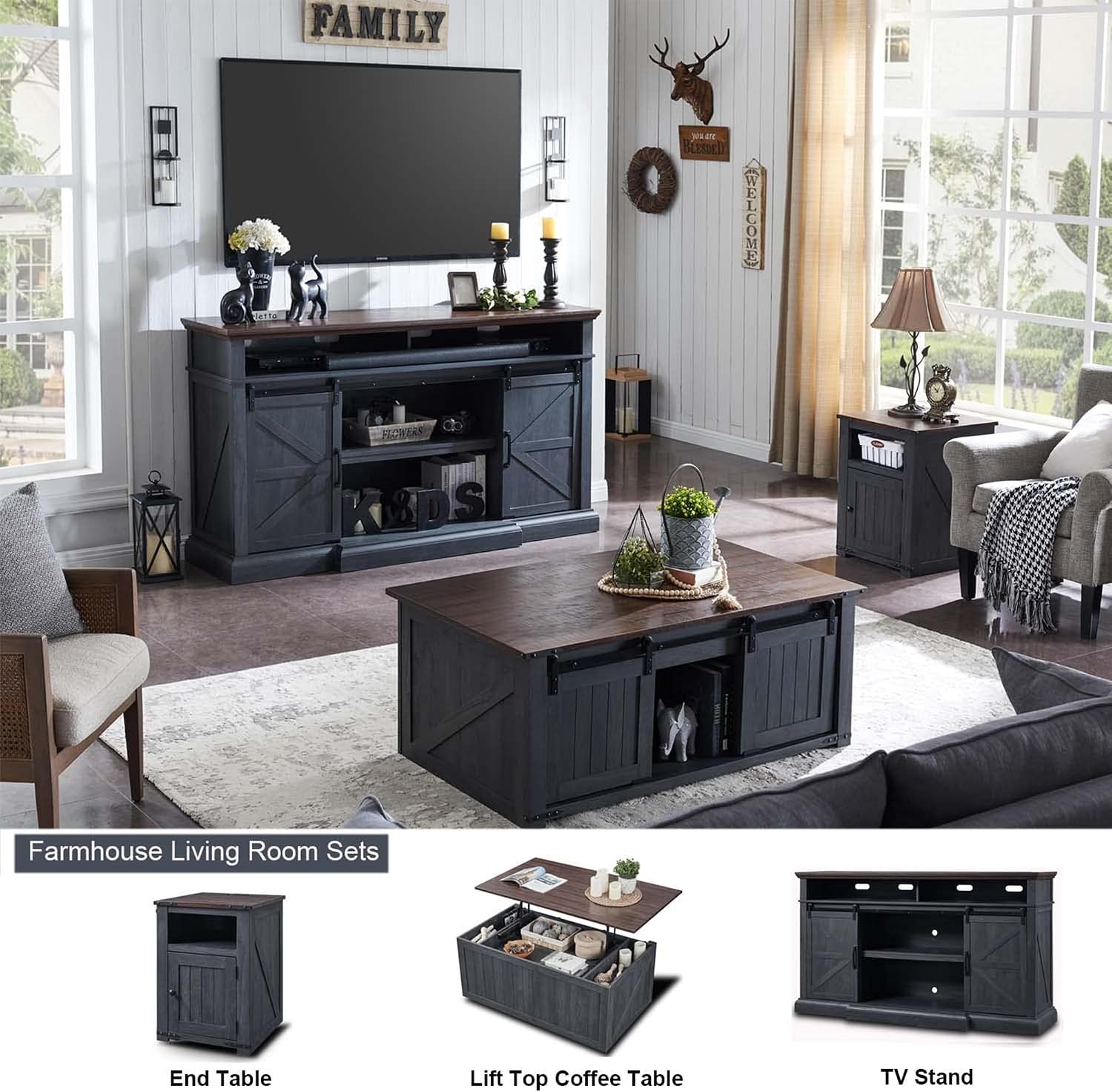 Farmhouse TV Stand for 80 Inch TVs, 37.4'Tall Entertainment Center w/Storage Cabinets and Sliding Barn Door, Media Console Cabinet w/Soundbar & Adjustable Shelves for Living Room, 70 inch (Dark Grey)
