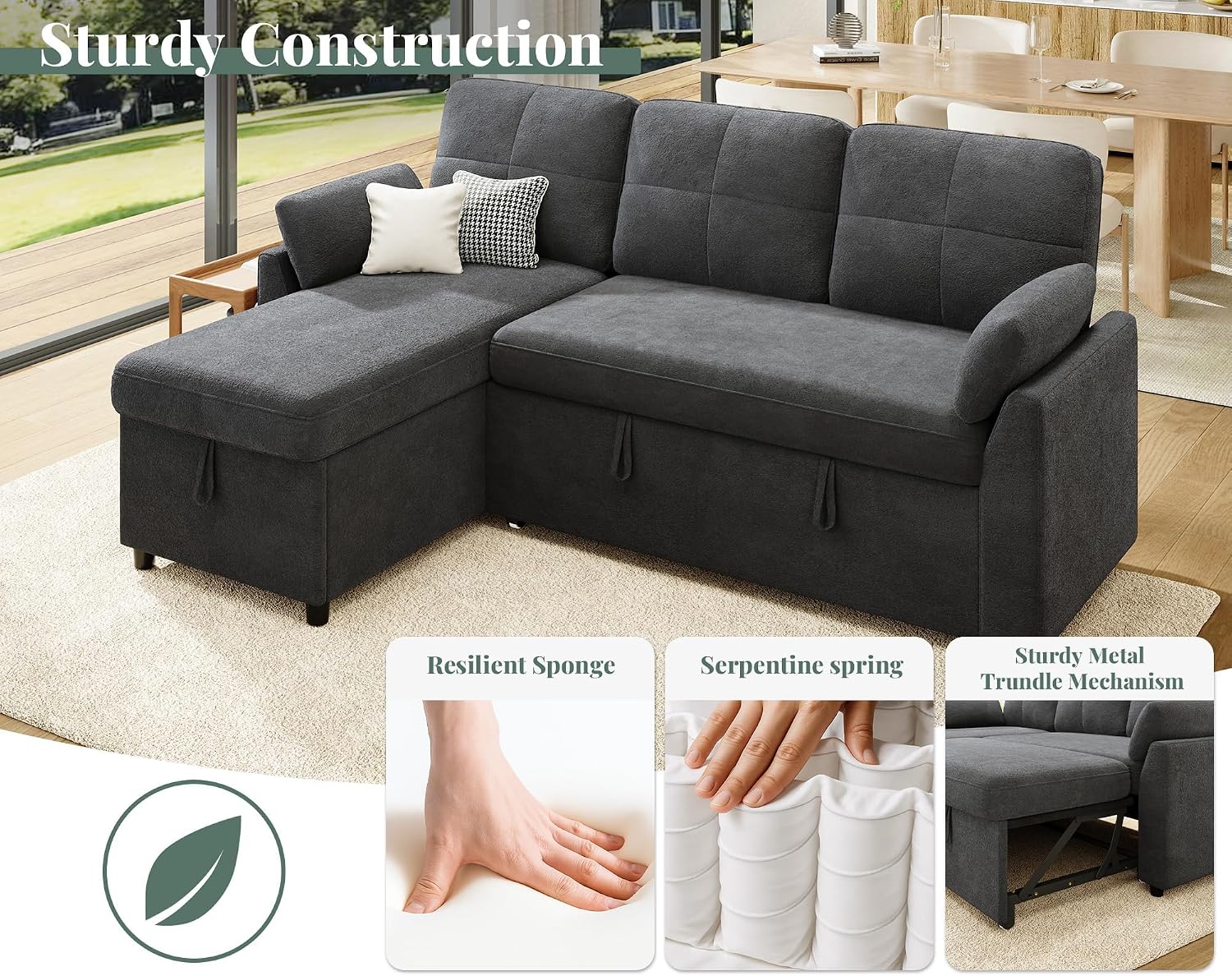 Jocisland L Shaped Sofa Bed, Sleeper Sofa with Storage Chaise, Convertible Couch Bed with Pull Out Couch for Living Room, Linen Gray