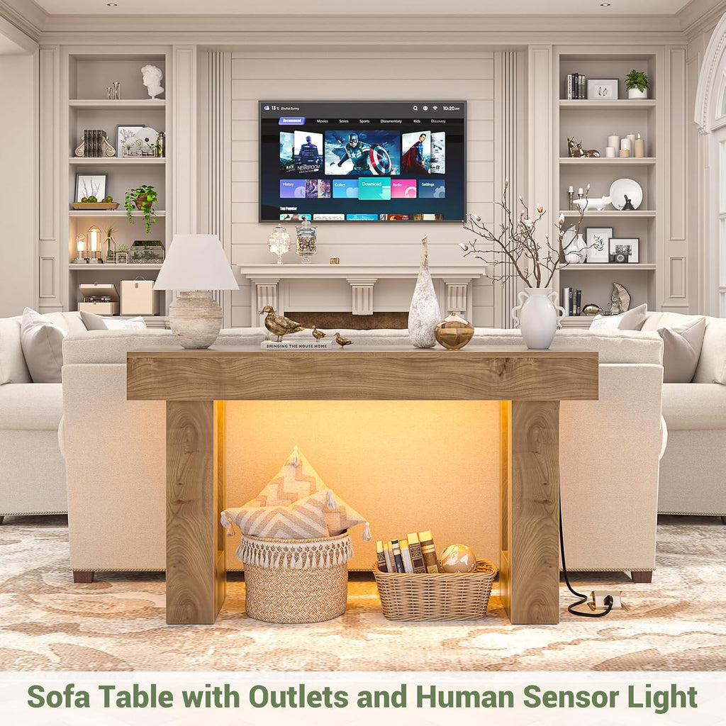 Unikito 47' Entryway Table with Socket and Sensor Light, Narrow Console Table with Storage Behind Couch, Farmhouse Entry Way Tables with Open Storage for Entrance/Hallway/Living Room, Natural Oak