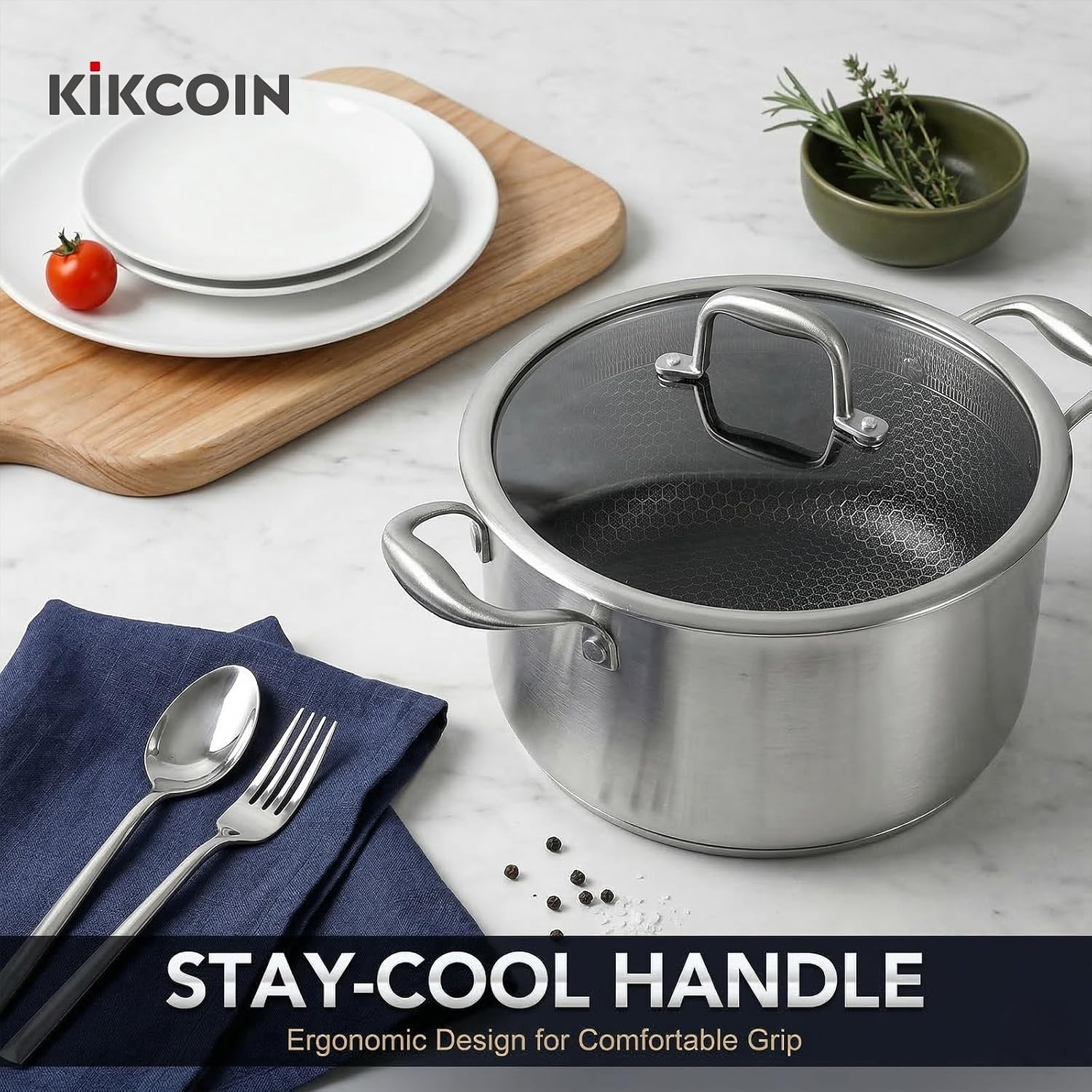 KIKCOIN Tri-Ply Stainless Steel Stock Pot 8 Quart with Lid, 18/10 Stainless Steel Cooking Pot with Honeycomb Interior, Induction Compatible Soup Pot for Gas, Electric & All Cooktops