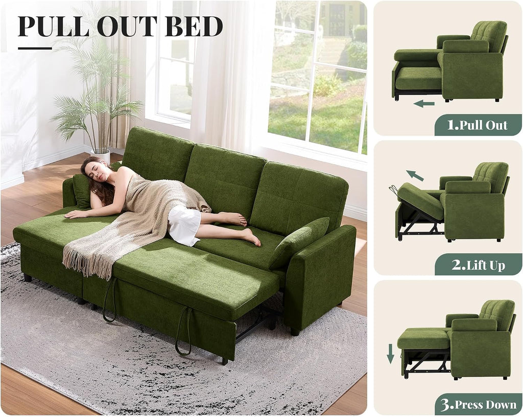 Jocisland Sofa Bed, Sleeper Sofa with Storage Chaise, Convertible Couch Bed with Pull Out Couch, l Shaped for Living Room, Linen Geen