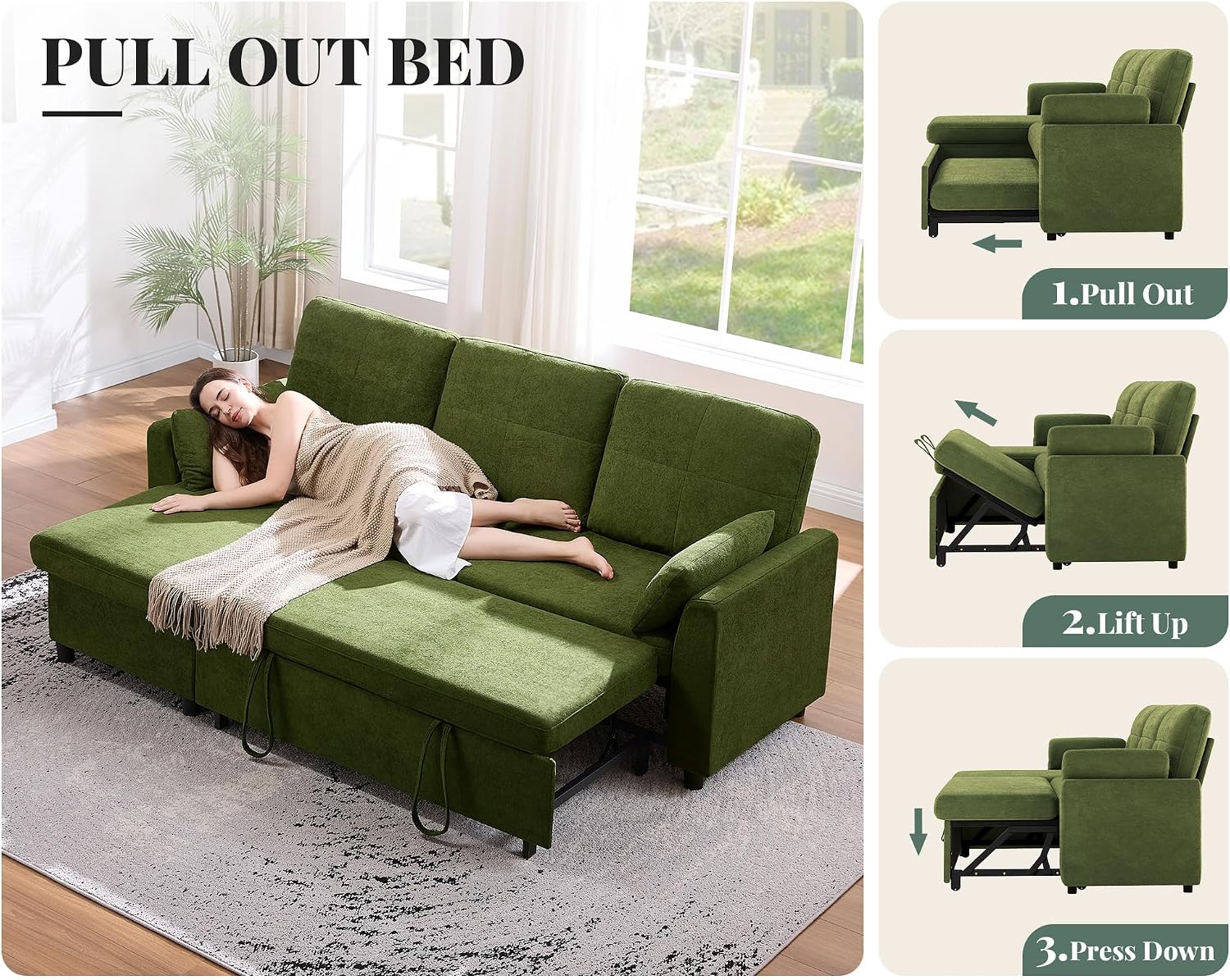 Jocisland Sofa Bed, Sleeper Sofa with Storage Chaise, Convertible Couch Bed with Pull Out Couch, l Shaped for Living Room, Linen Geen