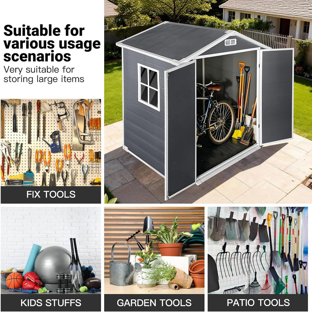 6x4 FT Outdoor Plastic Storage Shed with Floor & Lockable Door, Waterproof Garden Tool Shed with Window & Vent, All-Weather Resin Utility Shed for Backyard, Lawn, Patio, Gray