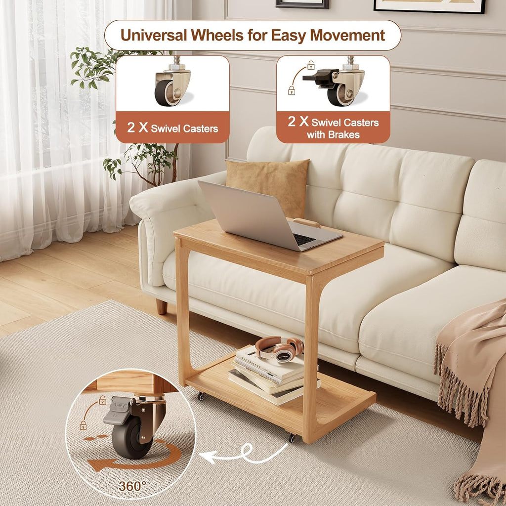 AQIMUELE Wooden C-Shaped End Table,Couch Table with Adjustable Desktop,Small Rolling Side Table with 2 Lockable Wheels 23.6' Width,Small End Table for Couch, Living Room,Bedroom (Natural)