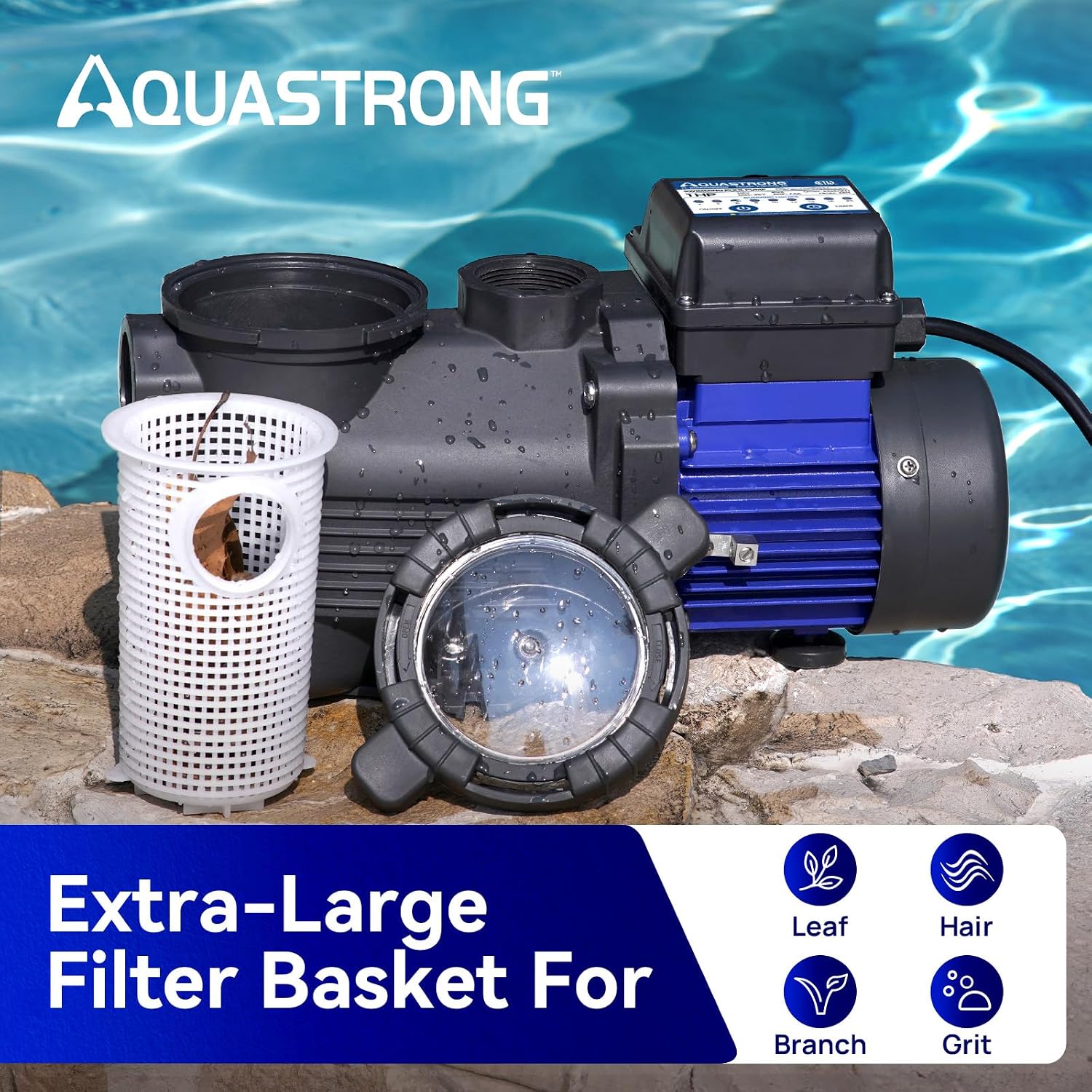 AQUASTRONG 1 HP Above Ground Pool Pump with Timer, 1.25'&1.5''adapter, 115V, 4945GPH, High Flow, Powerful Self Primming Swimming Pool Pumps with Filter Basket