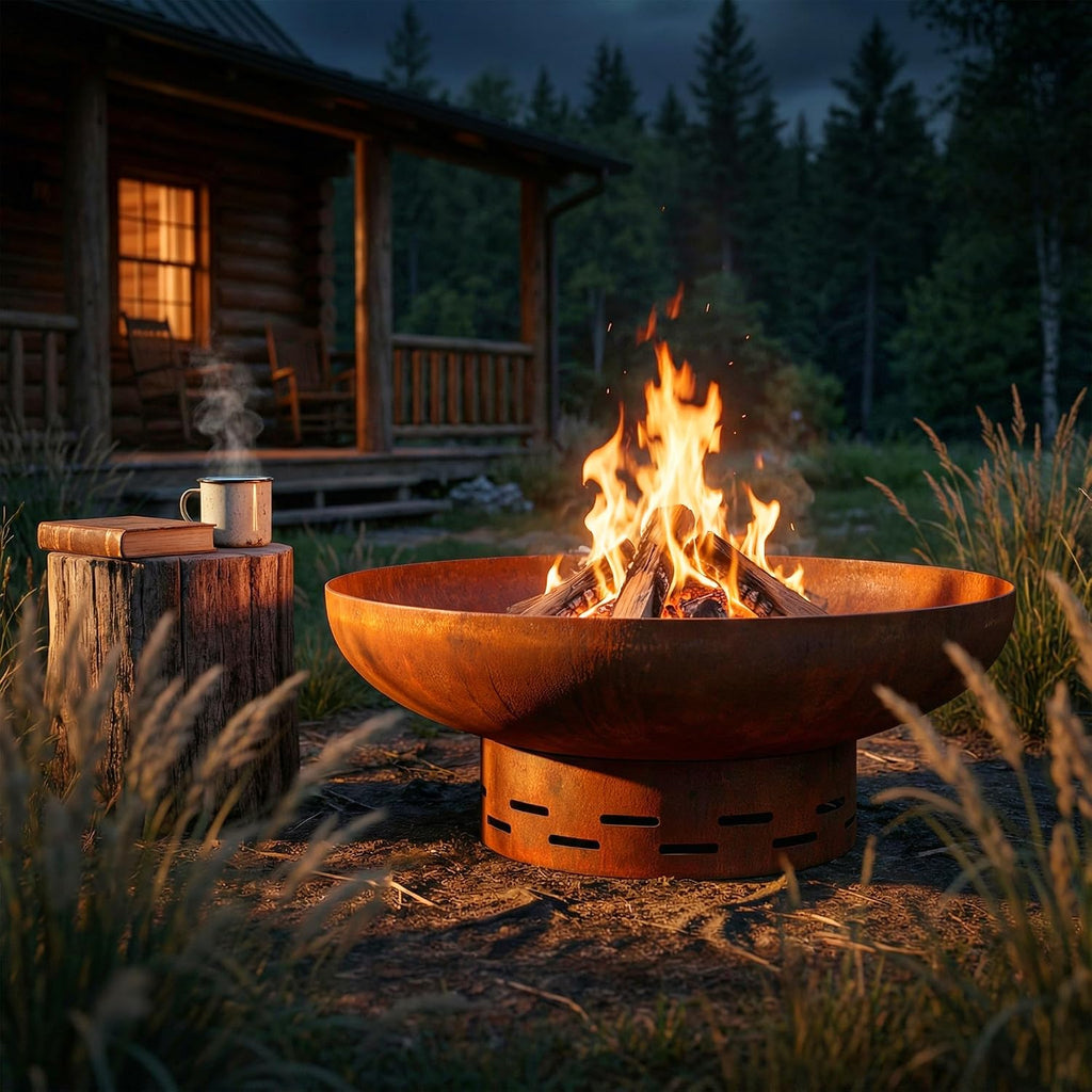 KOL Fire Pit for Outside Wood Burning, 27.5 Inch Round Firepit Bowl Outdoor and Patio, Heavy-Duty Steel Bonfire Pit Oxidized Finish, Free-Standing, Camping Backyard Terrace