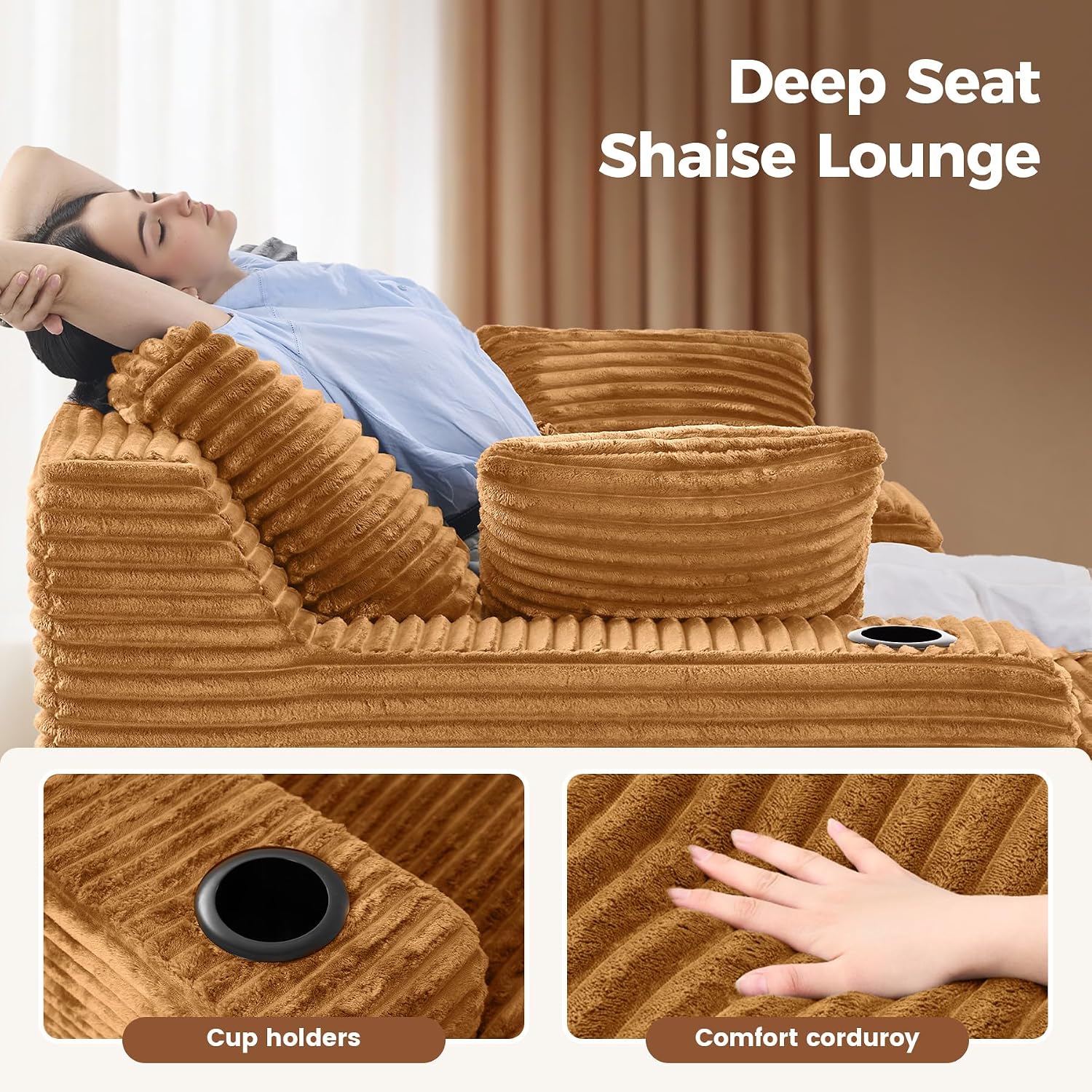 Luxanimarion 80'' Double Chaise Lounge Chair Indoor, Non-Assembly Deep Seat Sofa with Cup Holders Boneless Bed with 4pcs Pillows for Living Room Bedroom, Camel-Corduroy