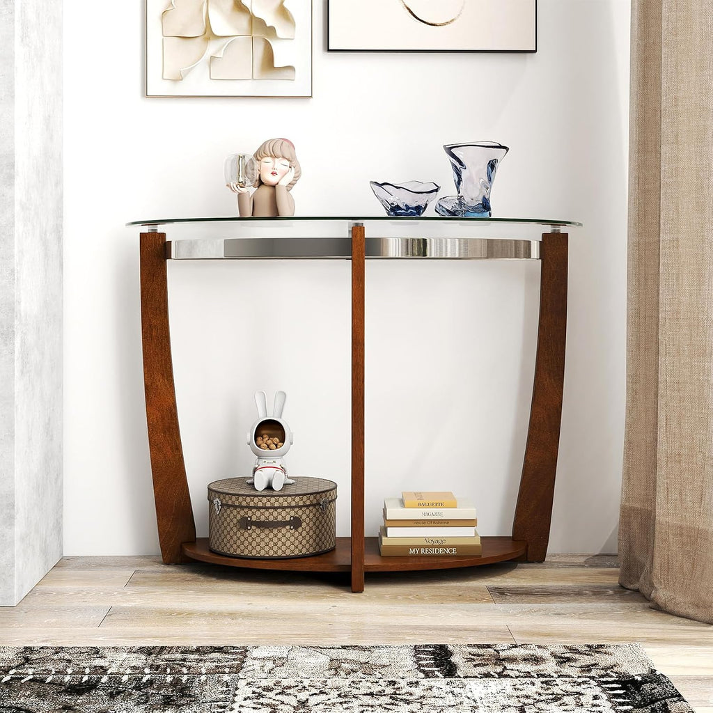 Giantex 2-Tier Glass Console Table, Half Moon Modern Entryway Table with Tempered Glass Top & Open Storage Shelf, Narrow Long Sofa Table for Living Room, Hallway, Foyer, Entrance (Walnut)
