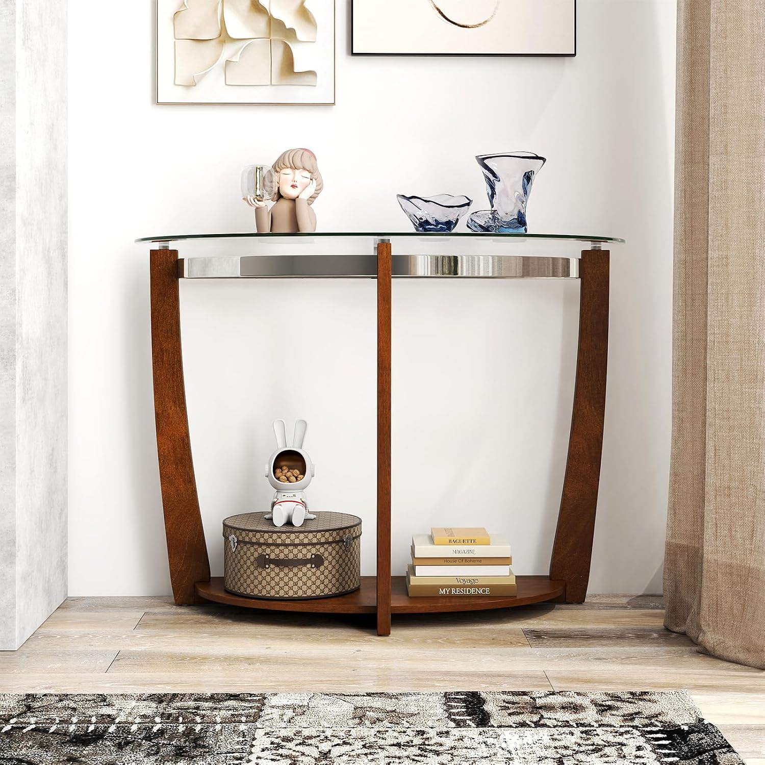 Giantex 2-Tier Glass Console Table, Half Moon Modern Entryway Table with Tempered Glass Top & Open Storage Shelf, Narrow Long Sofa Table for Living Room, Hallway, Foyer, Entrance (Walnut)
