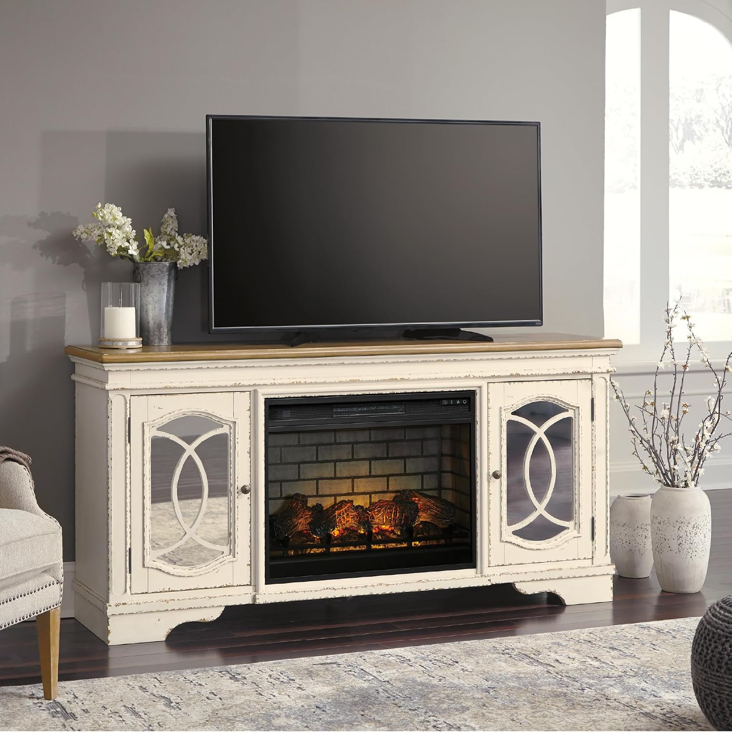 Signature Design by Ashley Realyn Vintage Casual TV Stand with Electric Fireplace, Heats Larger Rooms, Bronze Hardware, Wood, 74' Wide, White & Brown