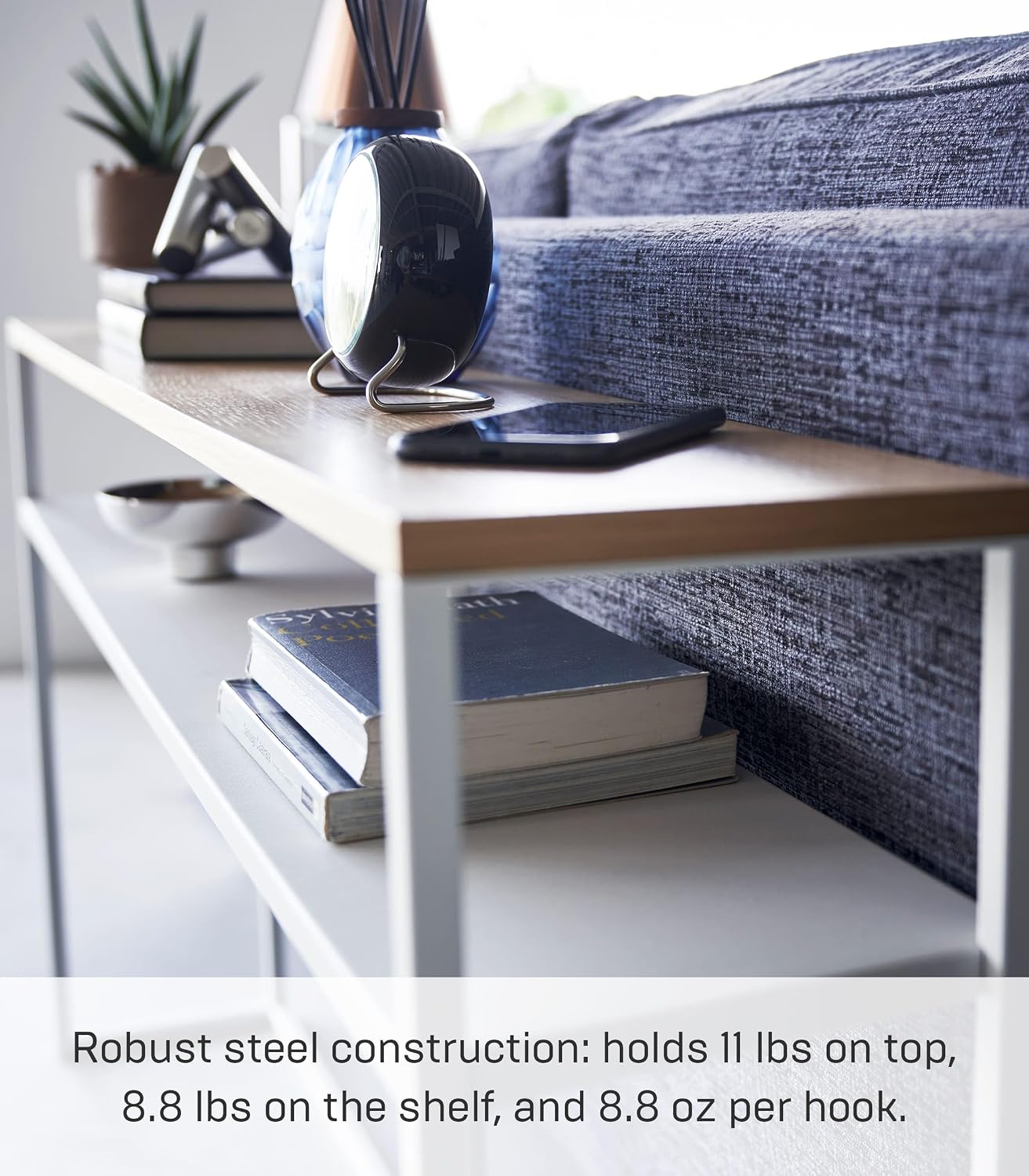 YAMAZAKI Home Tower Long Console Table for Entryway Or Hallways, Narrow Behnd Sofa Table with Wooden Top