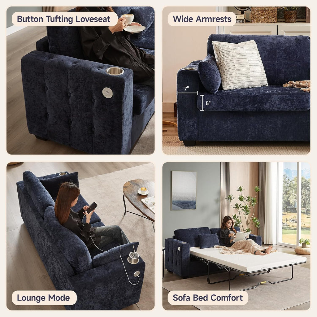 ONBRILL Pull Out Sofa Bed, Chenille Full Size Sleeper Sofa Bed with Cup Holder and USB Port, 76 inch Couch Bed with Memory Foam, Button Tufting Loveseat Couch for Living Room, Blue