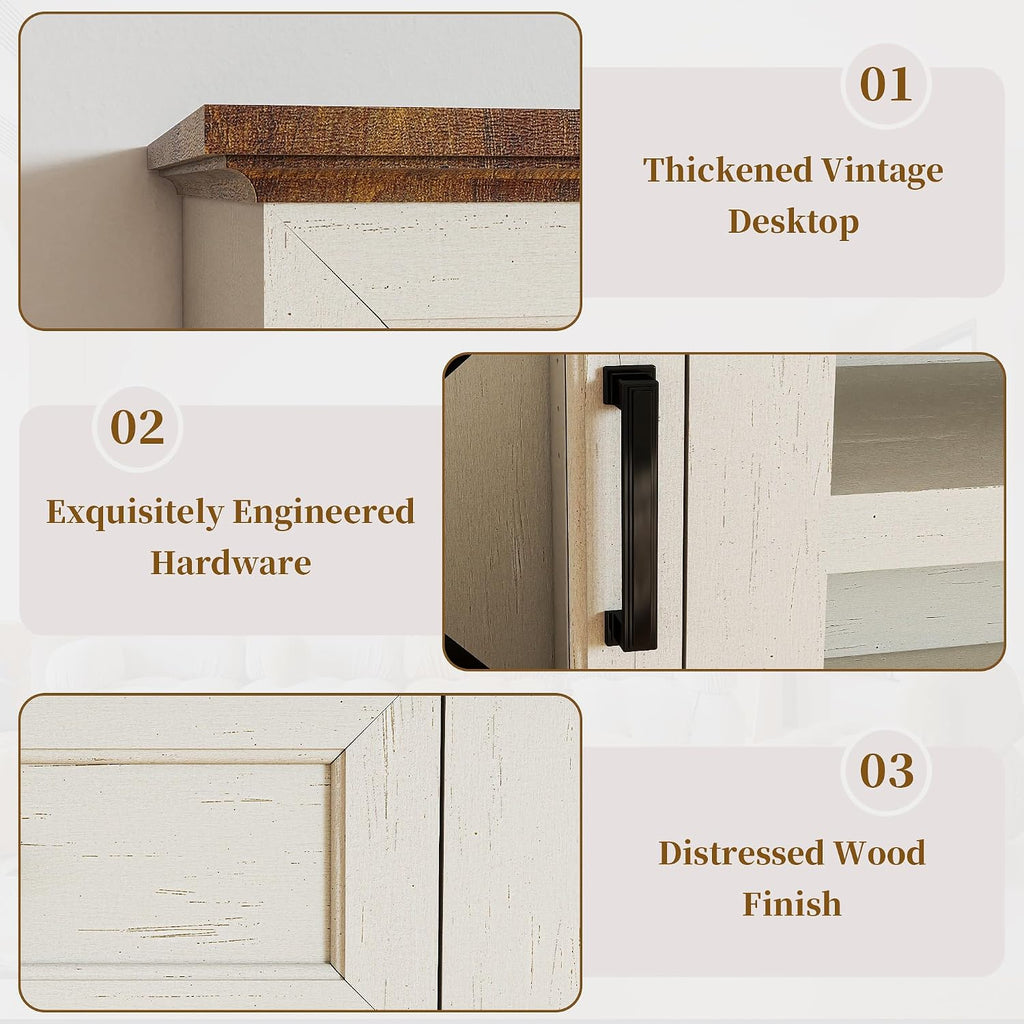 70 Inch Farmhouse TV Stand Table for 75/80 inch TV, Modern Entertainment Center with LED Lights and 2 Drawers, Wooden TV Stands for Living Room (Antique White)