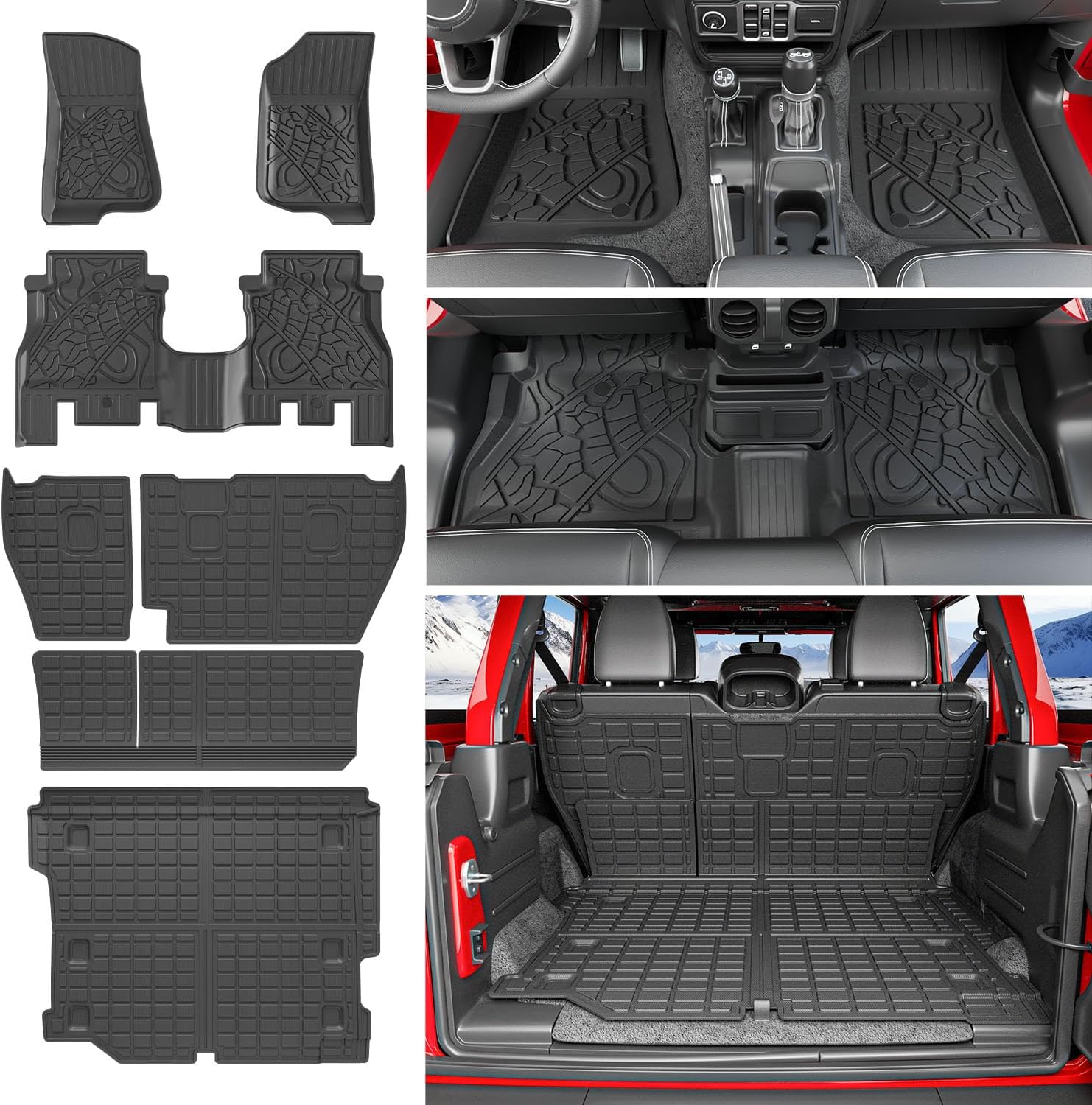 xipoqix Floor Mats Cargo Mat Backrest Mats Compatible with 18-25 Jeep Wrangler JL Unlimited 4X4 Cargo Liner Replacement for 18-25 Jeep Wrangler JL Accessories (Trunk Mat+Backrest Mats+Floor Mats)