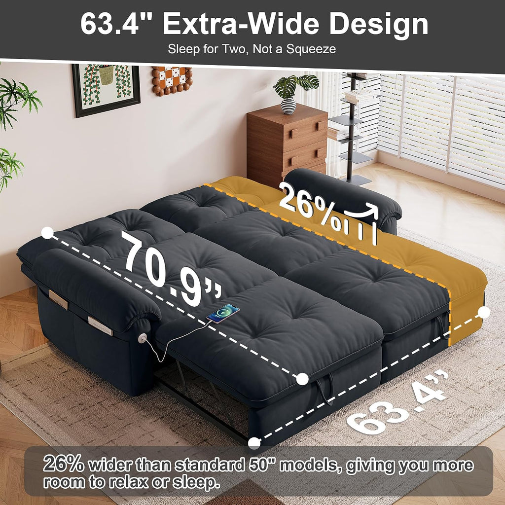 MAKIAAP Sleeper Sofa Bed, Queen Size Sofa Bed, Convertible Pull Out Couch with Adjustable Backrest, USB Port and Side Pockets, Modern 2 Seater Small Couches for Living Room, Space-Saving