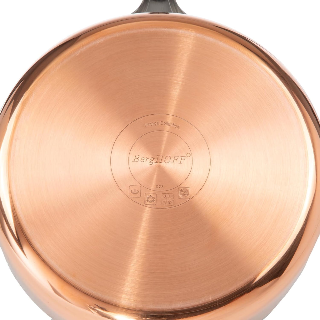 BergHOFF Vintage 15Pc Tri-Ply Copper Cookware Set With Stainless Steel Lids, 10Pc 18/10 Stainless Steel Pots and Pans and 5Pc Bamboo Utensil Set Long Ergonomic Shaped Handle 3-layer Base, Polished