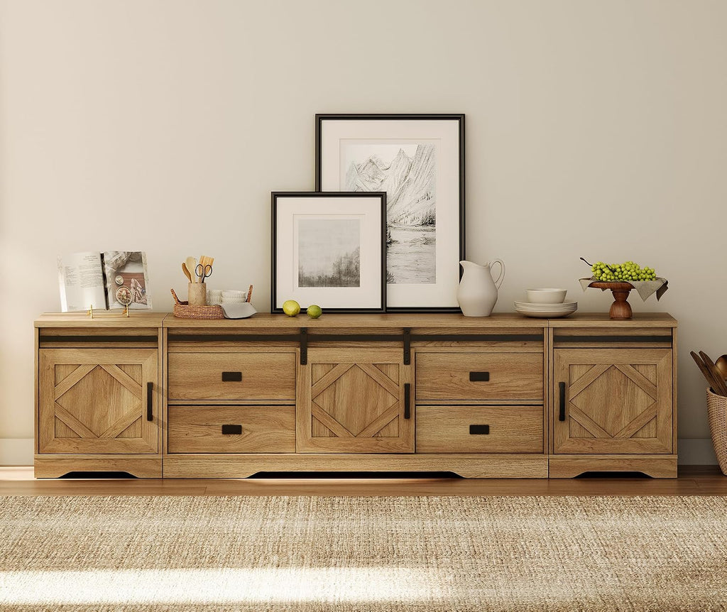 WAMPAT 3-in-1 Modern Farmhouse TV Stand for TVs up to 110',Large Wood Entertainment Center with 4 Drawers and Storage Cabinet for Living Room,Wood Grain Engraving Purposeful Distressing,Vintage Oak