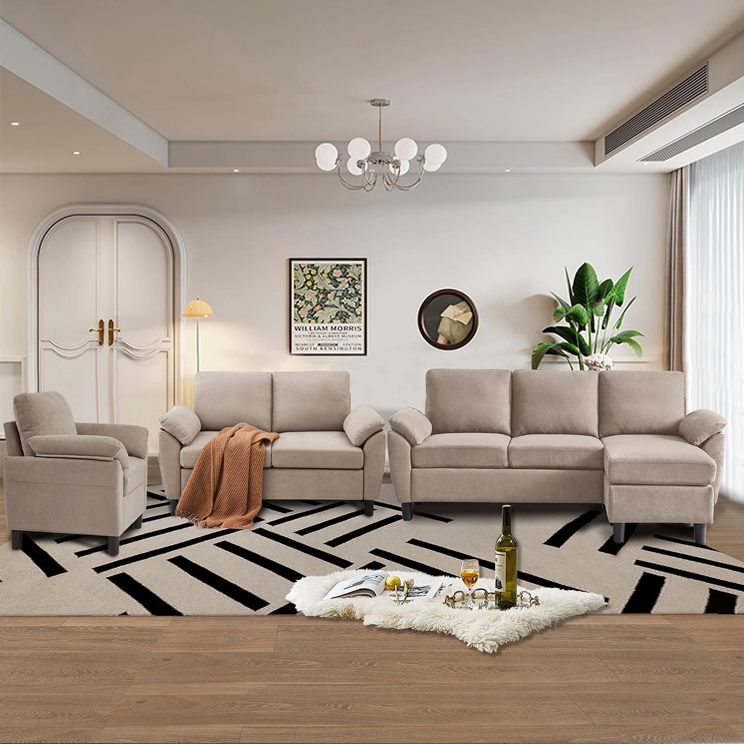 3 Pieces Sectional Sofa Set, 79' Modern L Shaped Couch & 57' Loveseat & 35' Accent Chair, Linen Upholstered Sofa Set with Movable Ottoman, Couches for Living Room, Apartment, Beige