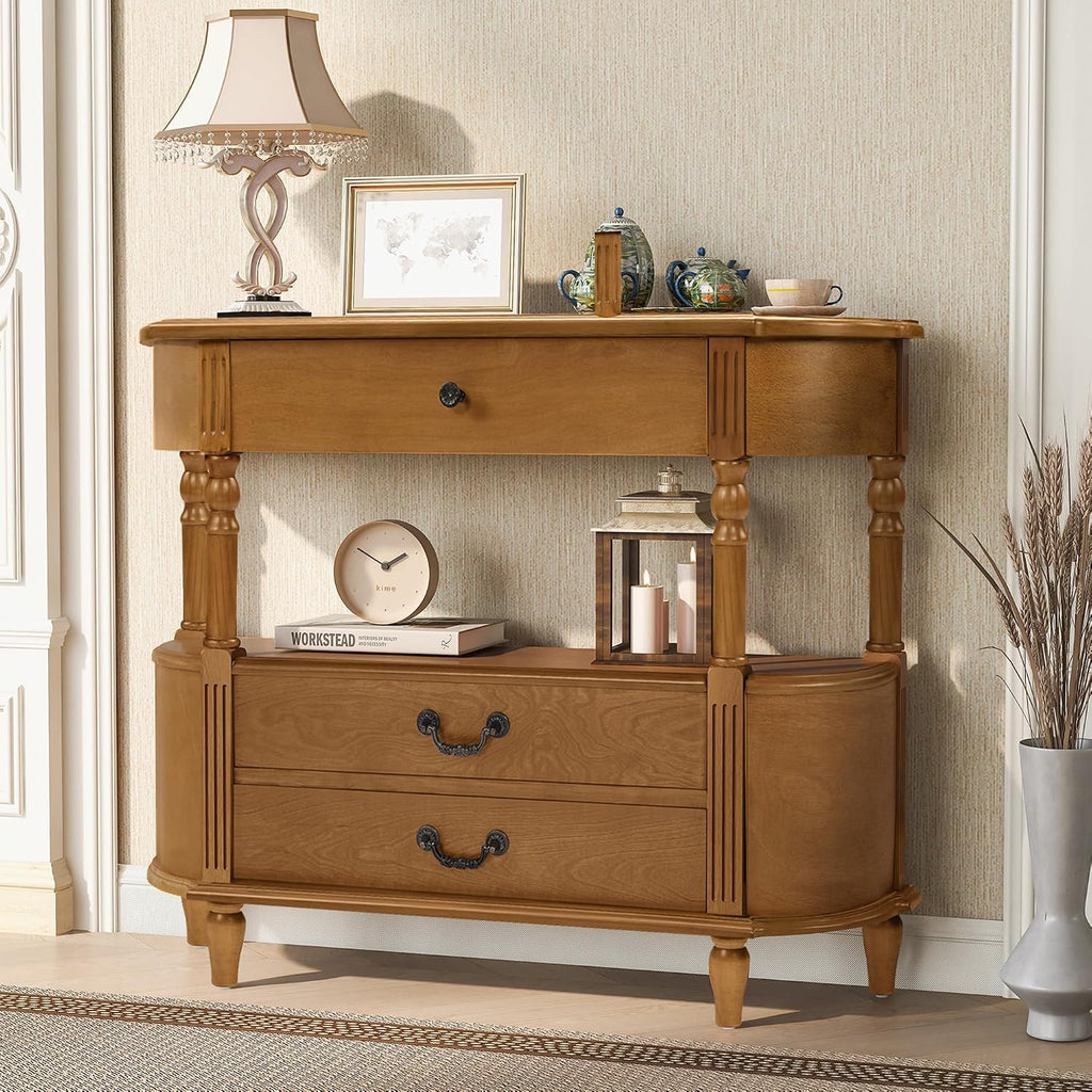Retro Curved Console Table, 43' Solid Wood Half Moon Console Table Entryway Table Sofa Table with Open Shelf Curved Corners 3 Drawers Pine Roman Legs for Living Room,Hallway,Entryway,Brown