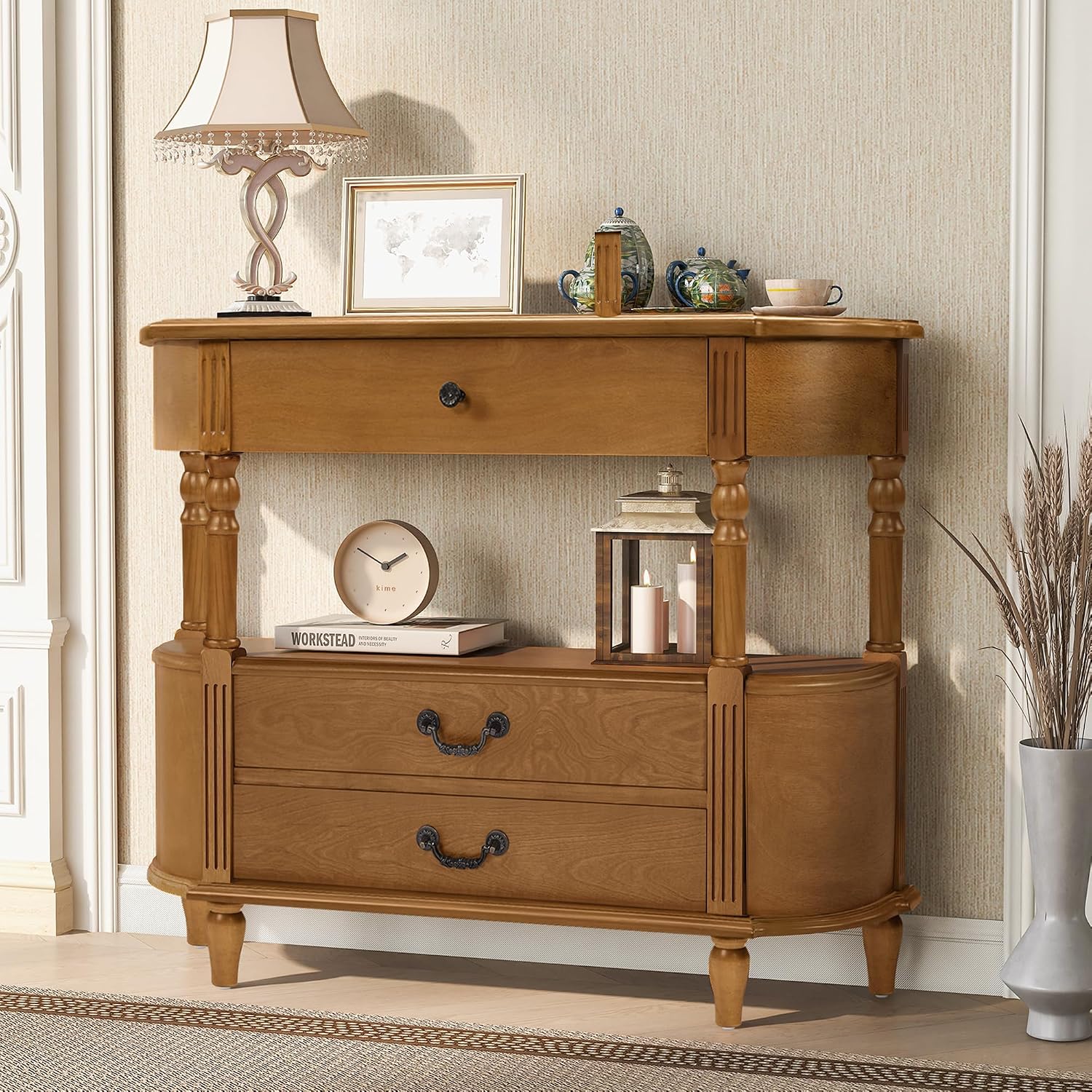 Retro Curved Console Table, 43' Solid Wood Half Moon Console Table Entryway Table Sofa Table with Open Shelf Curved Corners 3 Drawers Pine Roman Legs for Living Room,Hallway,Entryway,Brown