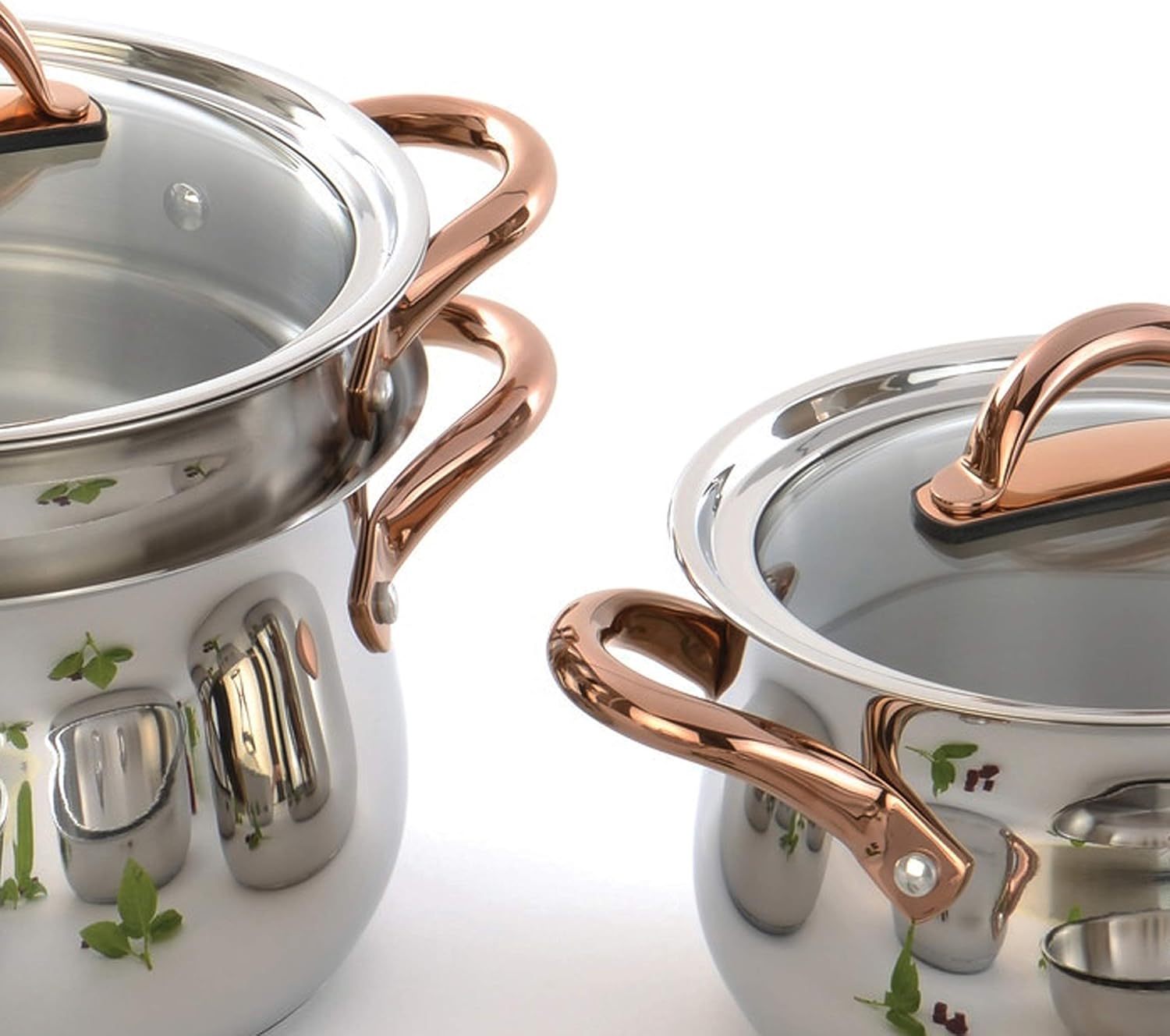BergHOFF Ouro Gold 16Pc 18/10 Stainless Steel Cookware Set With Glass Lids and Nylon Utensil Set, Rose Gold Handle, PFOA-free, Induction Cooktop Ready, Even Heat
